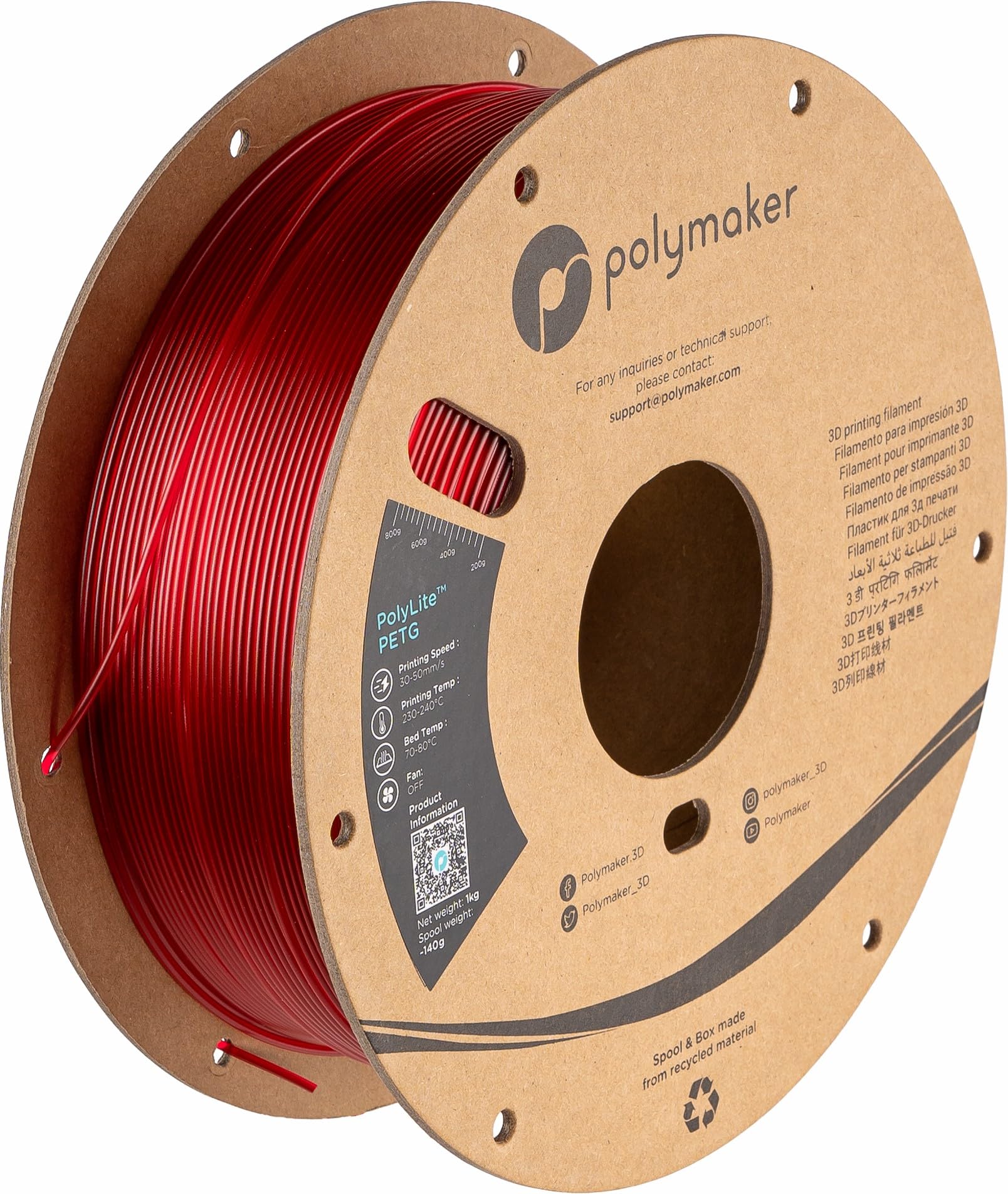 Polymaker PolyLite 3D Printer PETG Filament Translucent Red 1.75mm 1kg, Legacy PETG Formula, Reliable Everyday Filament, Strong 