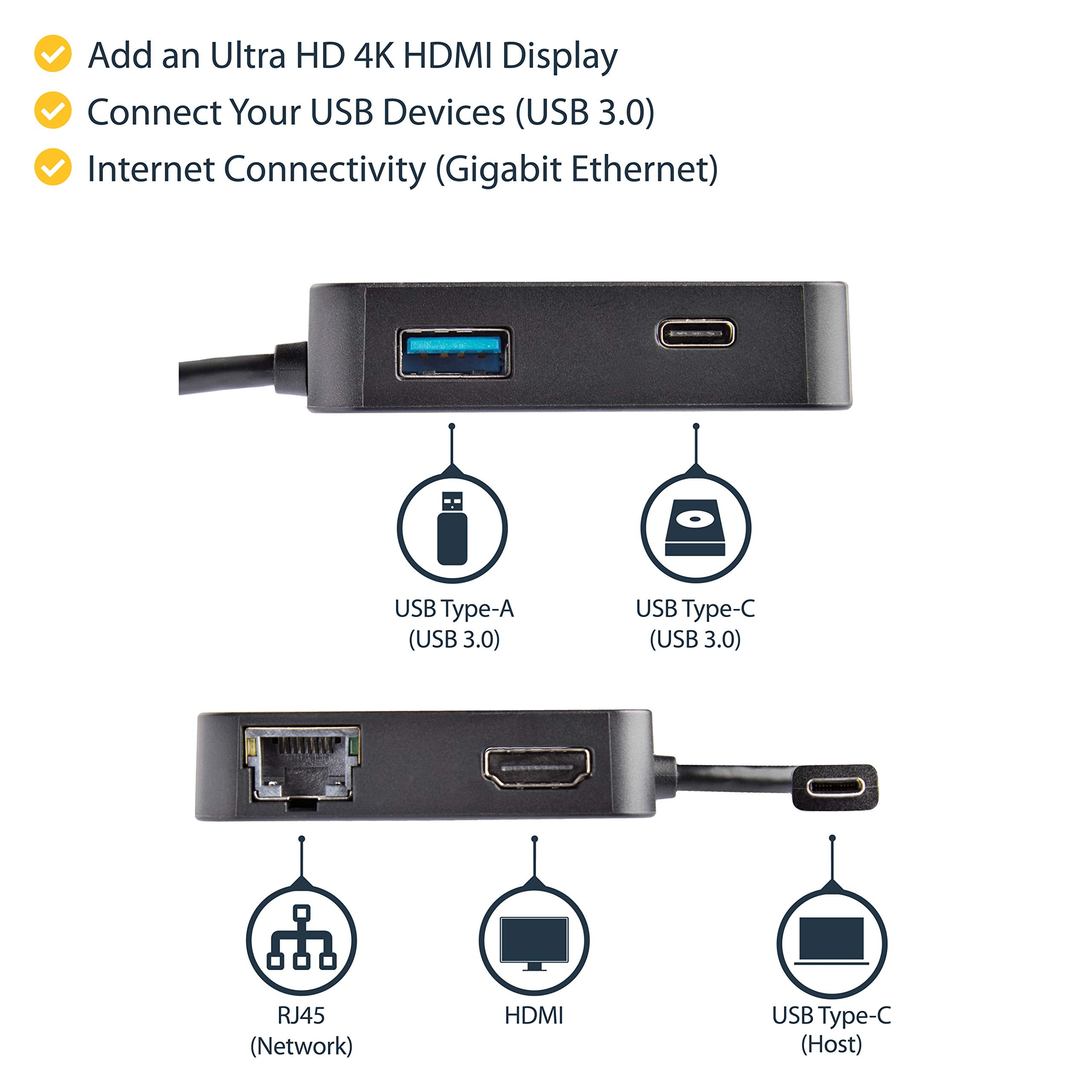 StarTech.com USB C Multiport Adapter   Portable USB C Mini Dock 4K HDMI Video   Gigabit Ethernet, USB 3.0 Hub (1x USB A 1x USB C)   USB Type C Multiport Adapter   Thunderbolt 3 Compatible, TAA