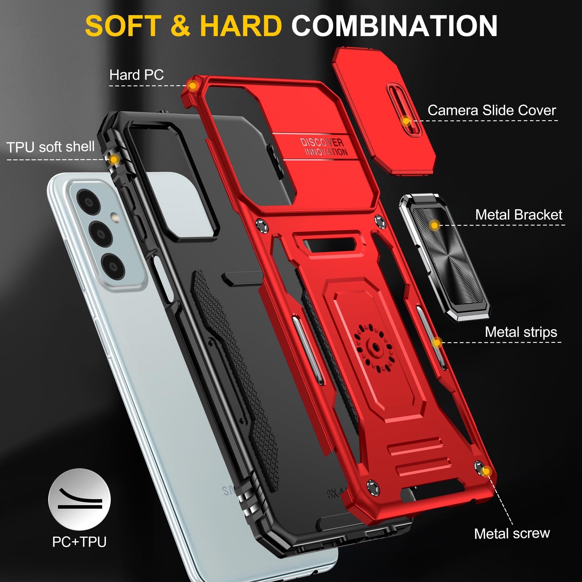 Ezanmull Samsung Galaxy A15 5G Protective Case, Military Grade Shockproof Phone Case With Slide Camera Cover, Rotated Ring Kicks