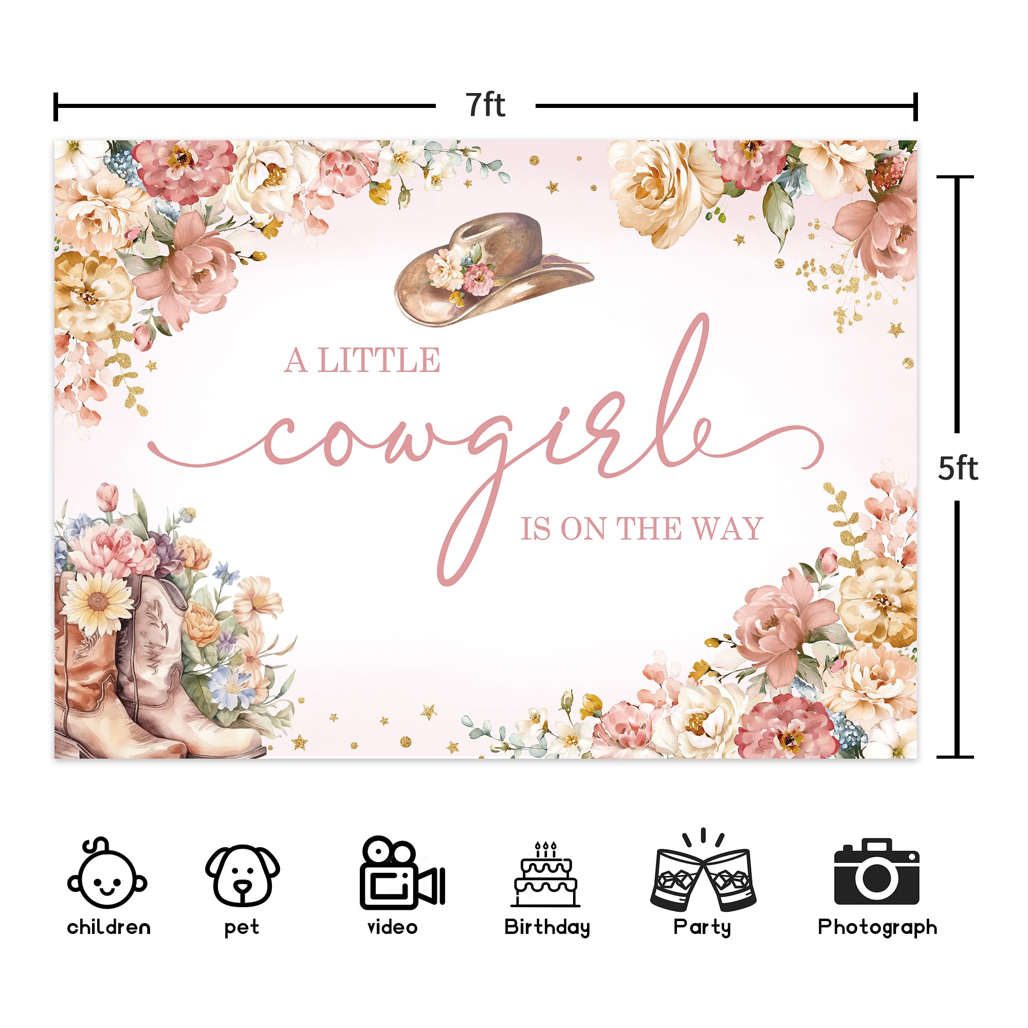 Ufeela Western Cowgirl Baby Shower Backdrop Floral A Little Girl Is On The Way Pink Rustic Watercolor Flower Rose Hat Boots 7Wx5