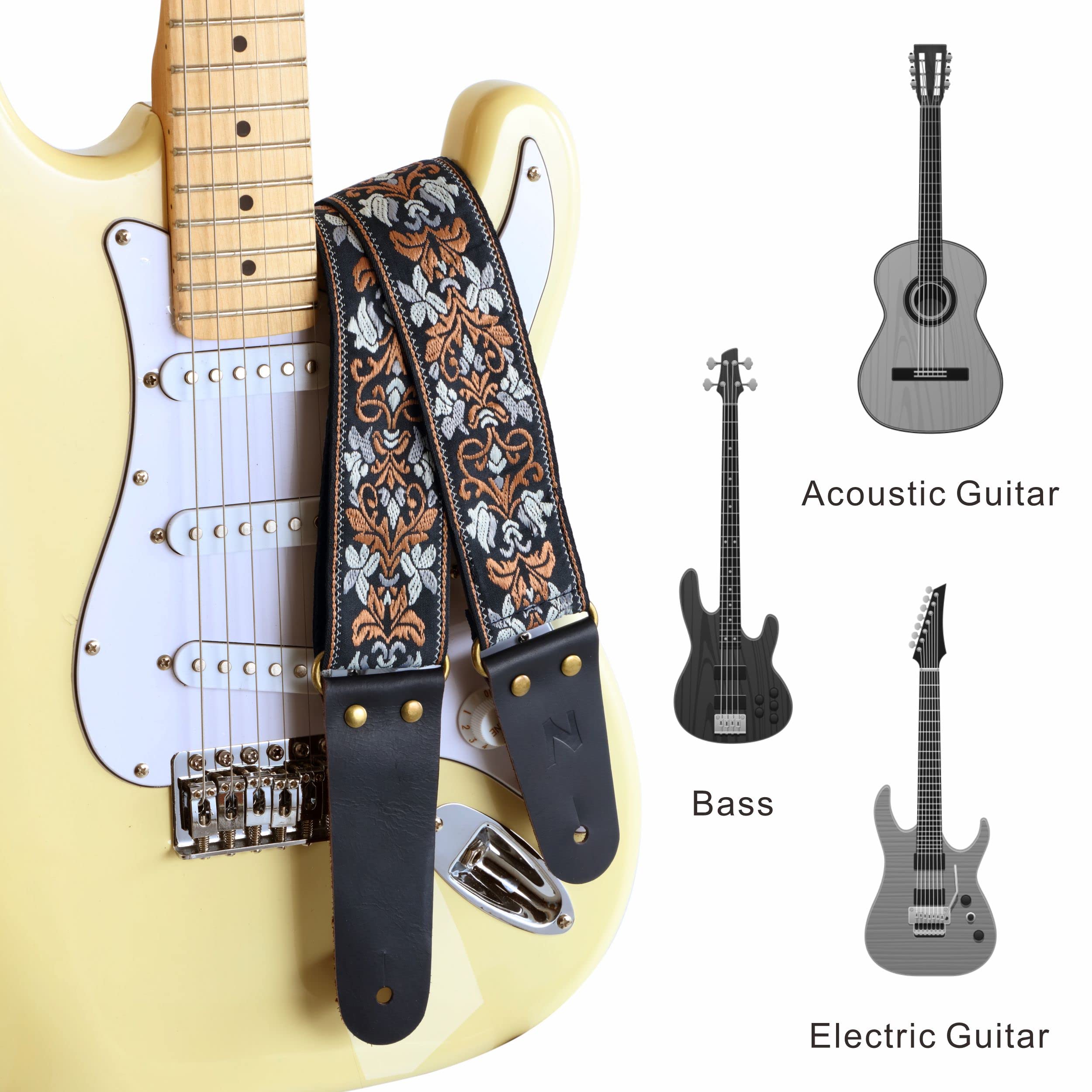 Nefelibata Guitar Strap, 2 Jacquard Embroidery Guitar Straps, Full Grain Leather Ends With Hidden Pocket, For Bass, Electric And