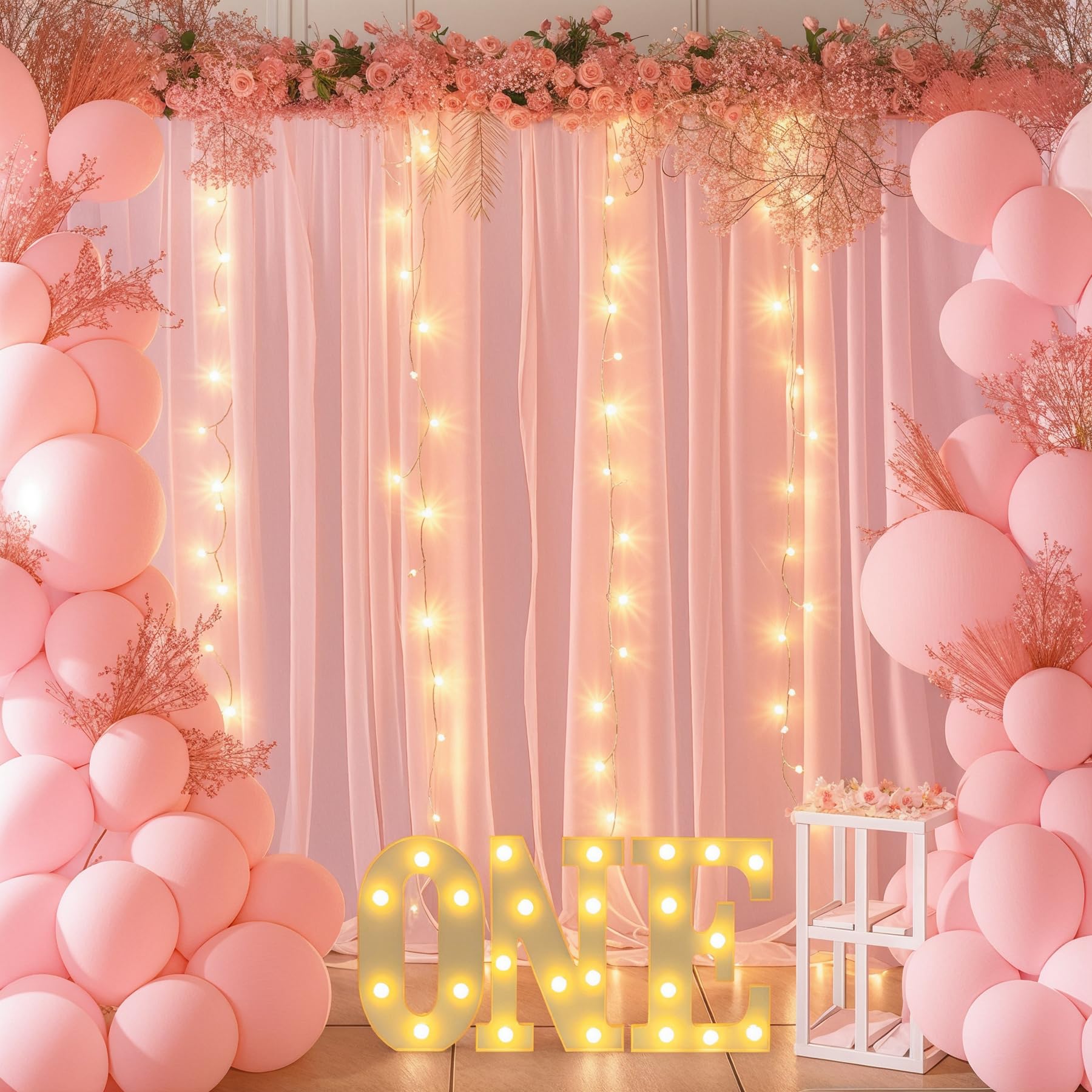 10Ft X 7Ft Baby Pink Chiffon Backdrop Curtain With Lights String For Parites Wedding Wrinkle Free Curtain Photo Backdrops Drapes