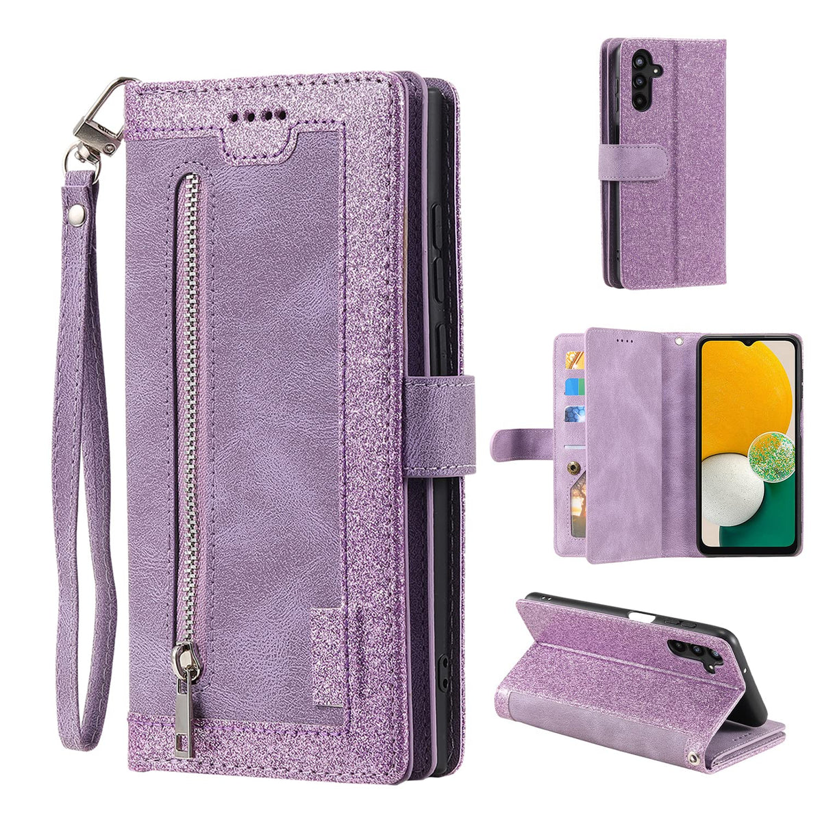 Ueebai Wallet Case For Samsung Galaxy A13/A04S, Retro 9 Card Holder Slots Zipper Pocket Handbag Case Pu Leather Magnetic Closure