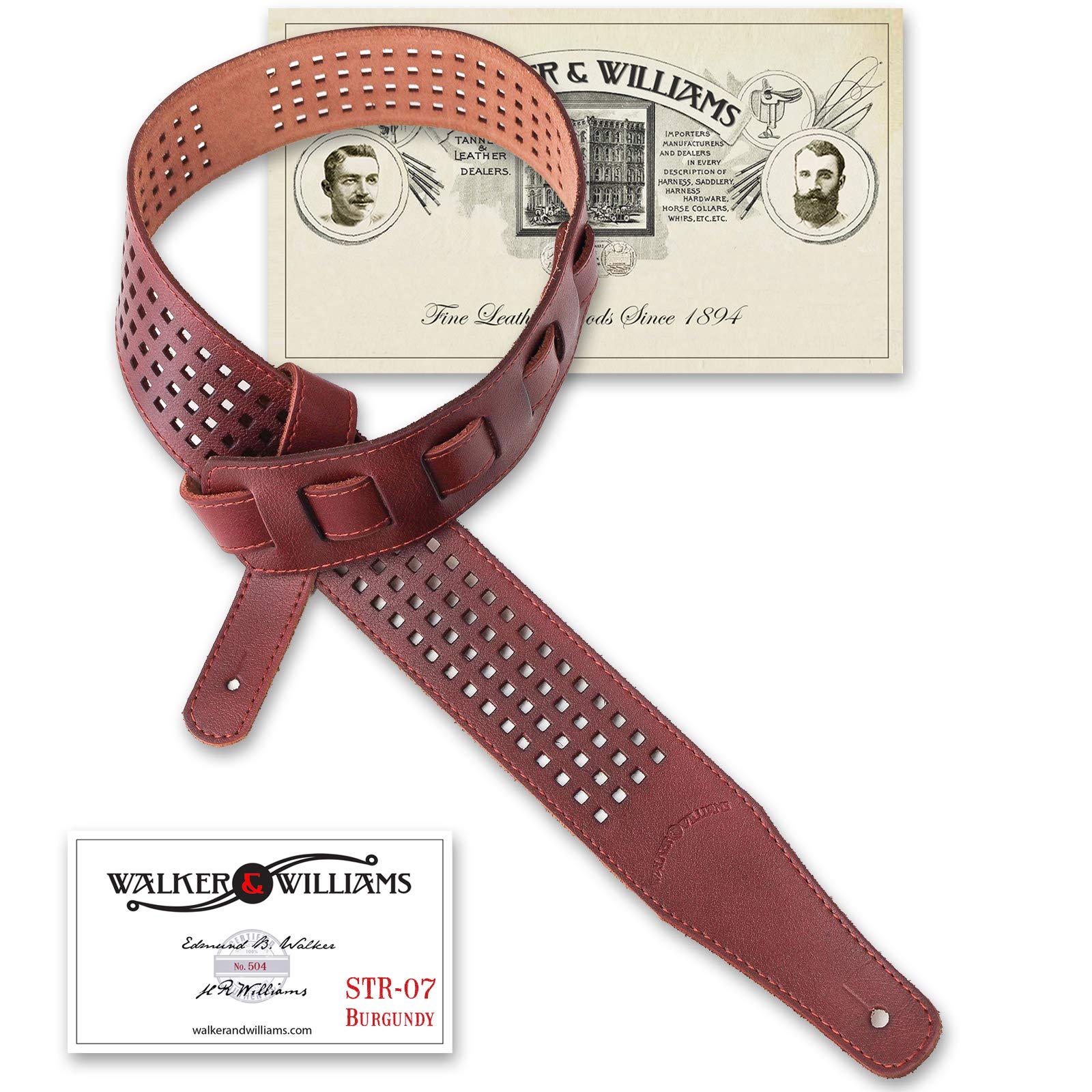 Walker & Williams St 07 Burgundy Brown Waffle Cut 100% Leather Guitar Strap