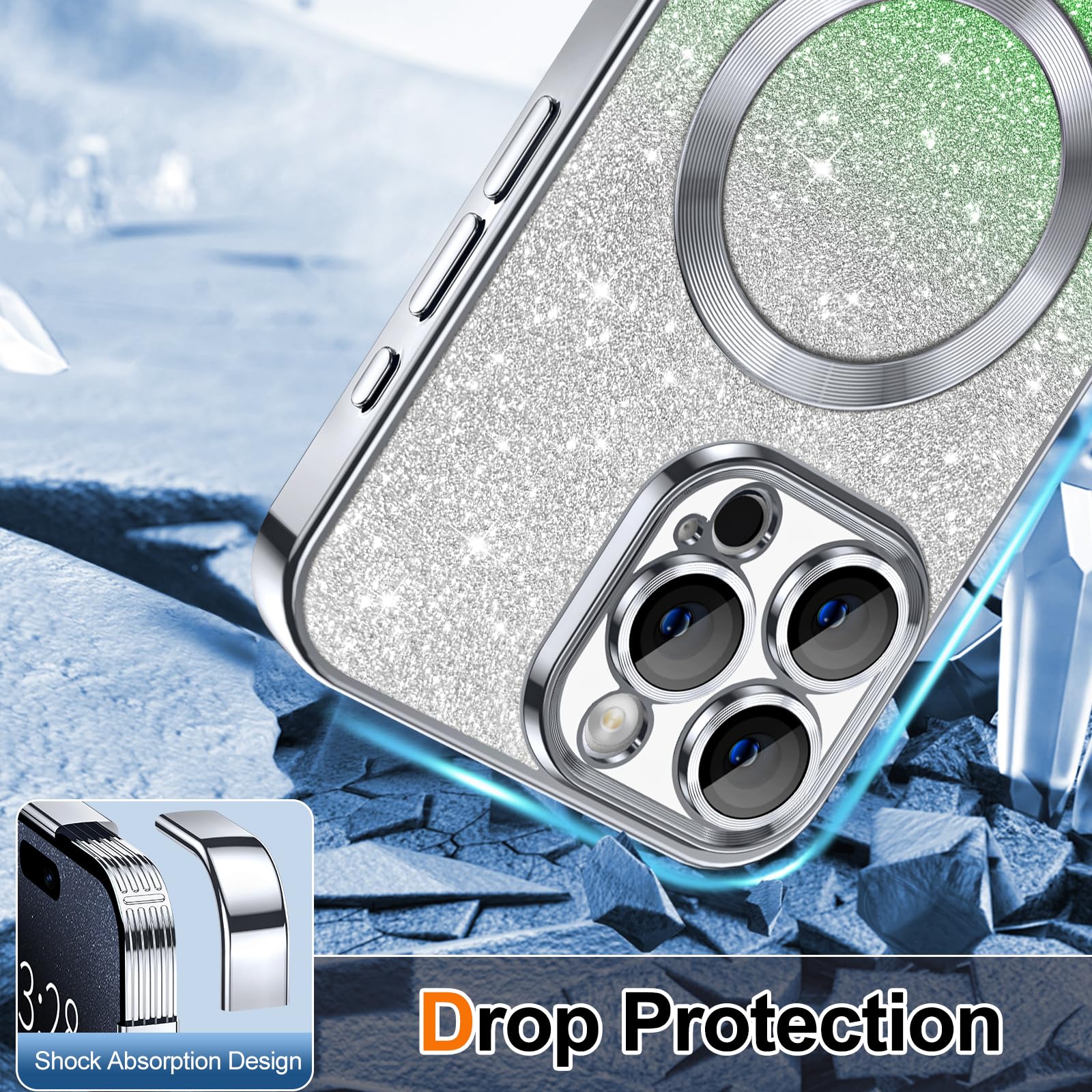 Hython For Iphone 15 Pro Max Case Clear Magnetic Glitter Phone Cases [Compatible With Magsafe] Full Camera Lens Protector Slim G