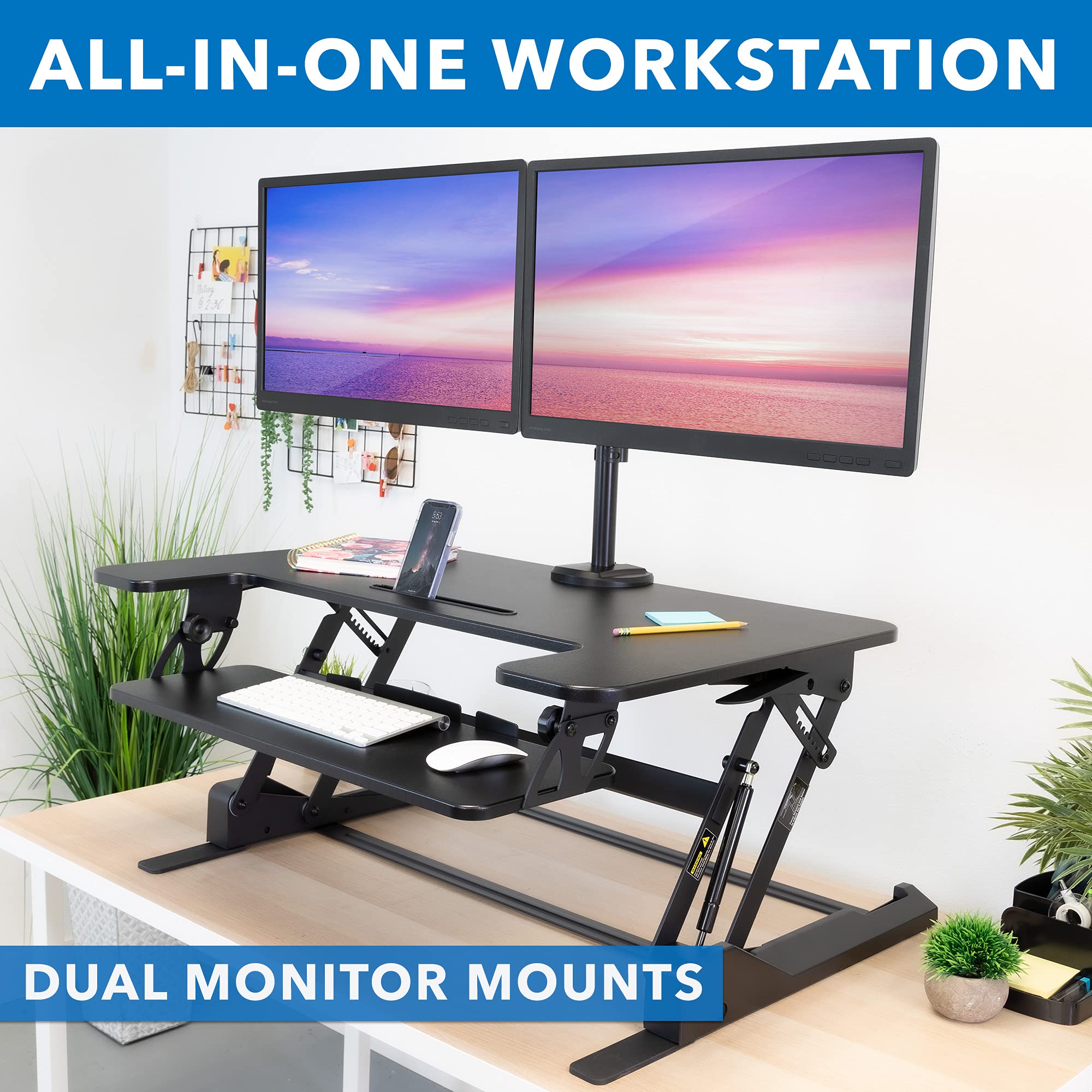 Mount-It! Dual Monitor Standing Desk Converter, 36" Wide, Height Adjustable, Metal, Black, Model MI-7934