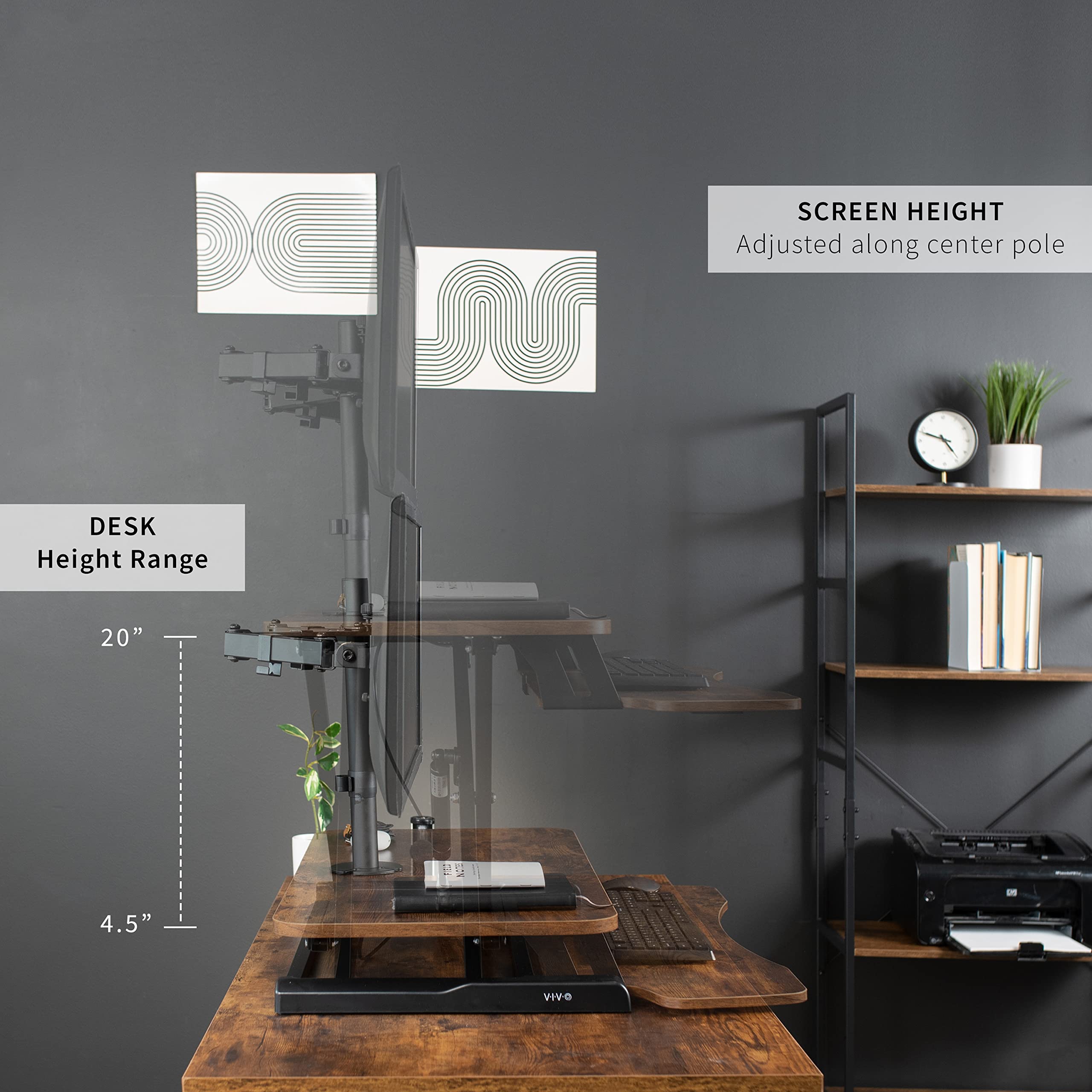 VIVO Height Adjustable 32 inch Standing Desk Converter with Dual 13 to 30 inch Monitor Stand, Sit Stand Monitor Mount and Desk Riser, Vintage Brown Top, Black Frame, DESK V000KN M2