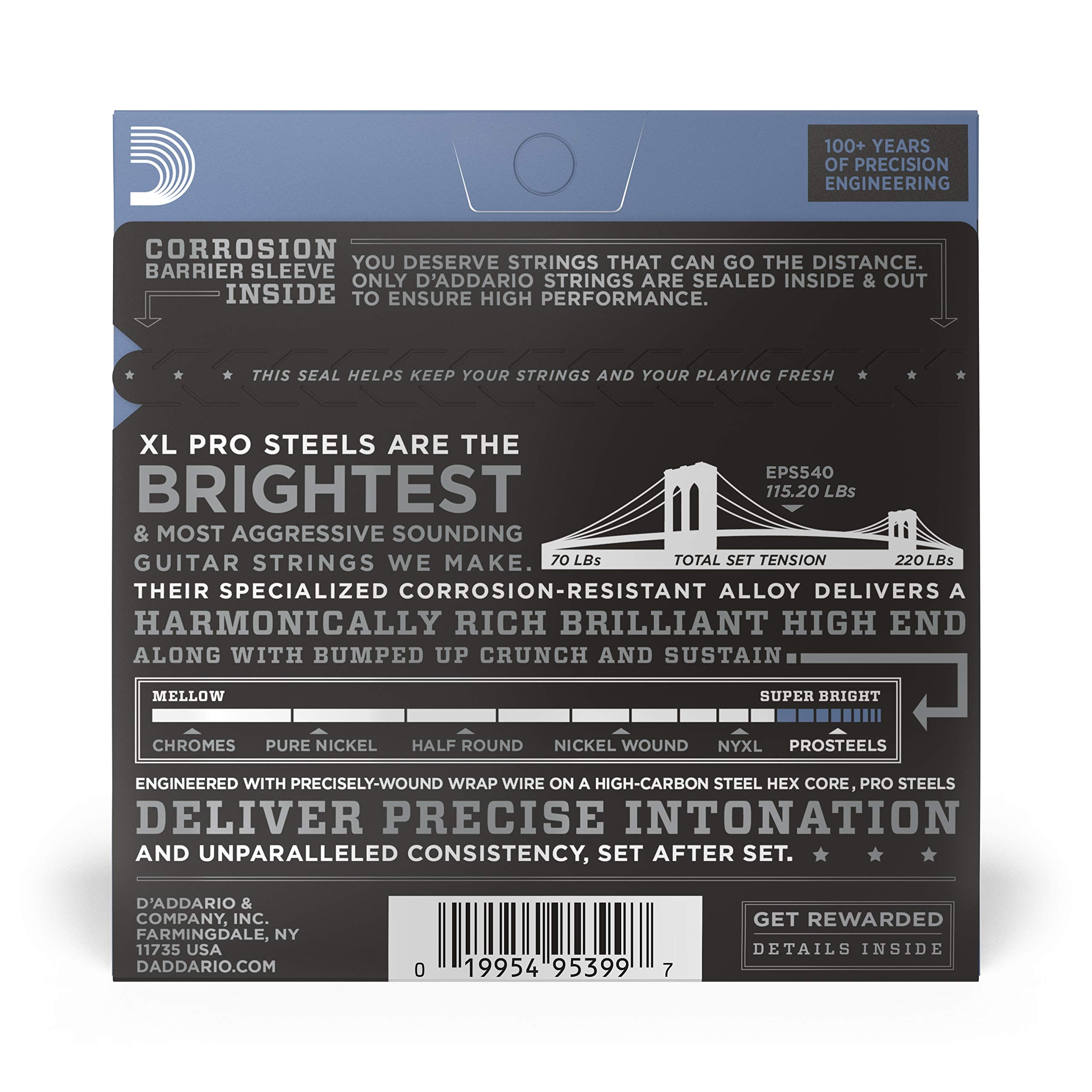 D'Addario Guitar Strings   Prosteels Electric Guitar Strings   Round Wound   Brighter, Crunchier, Increased Sustain   Eps540   L