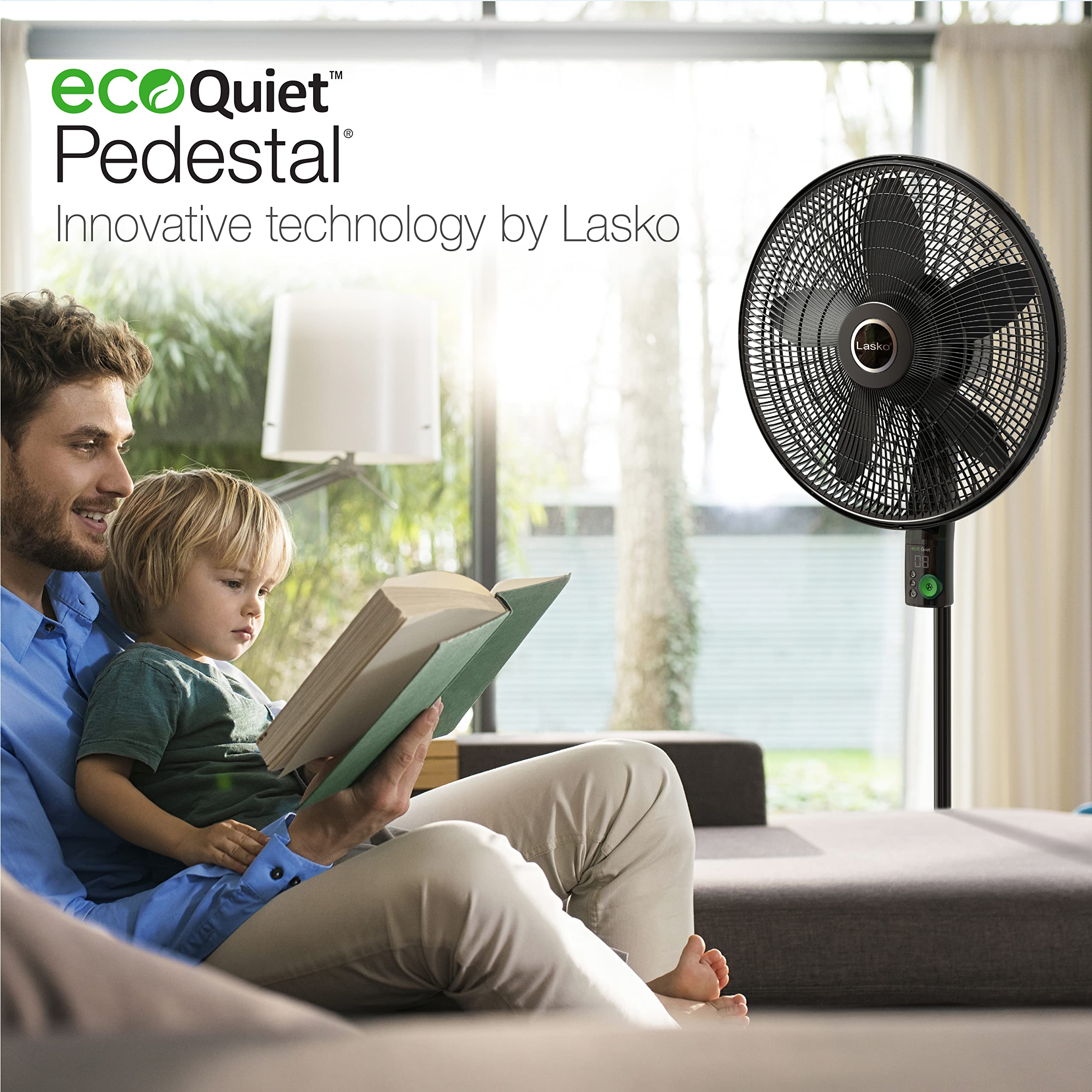 Lasko Oscillating 18 Inch Ecoquiet Dc Motor 12 Speed Pedestal Fan With Remote Control, Black, S18708, Large