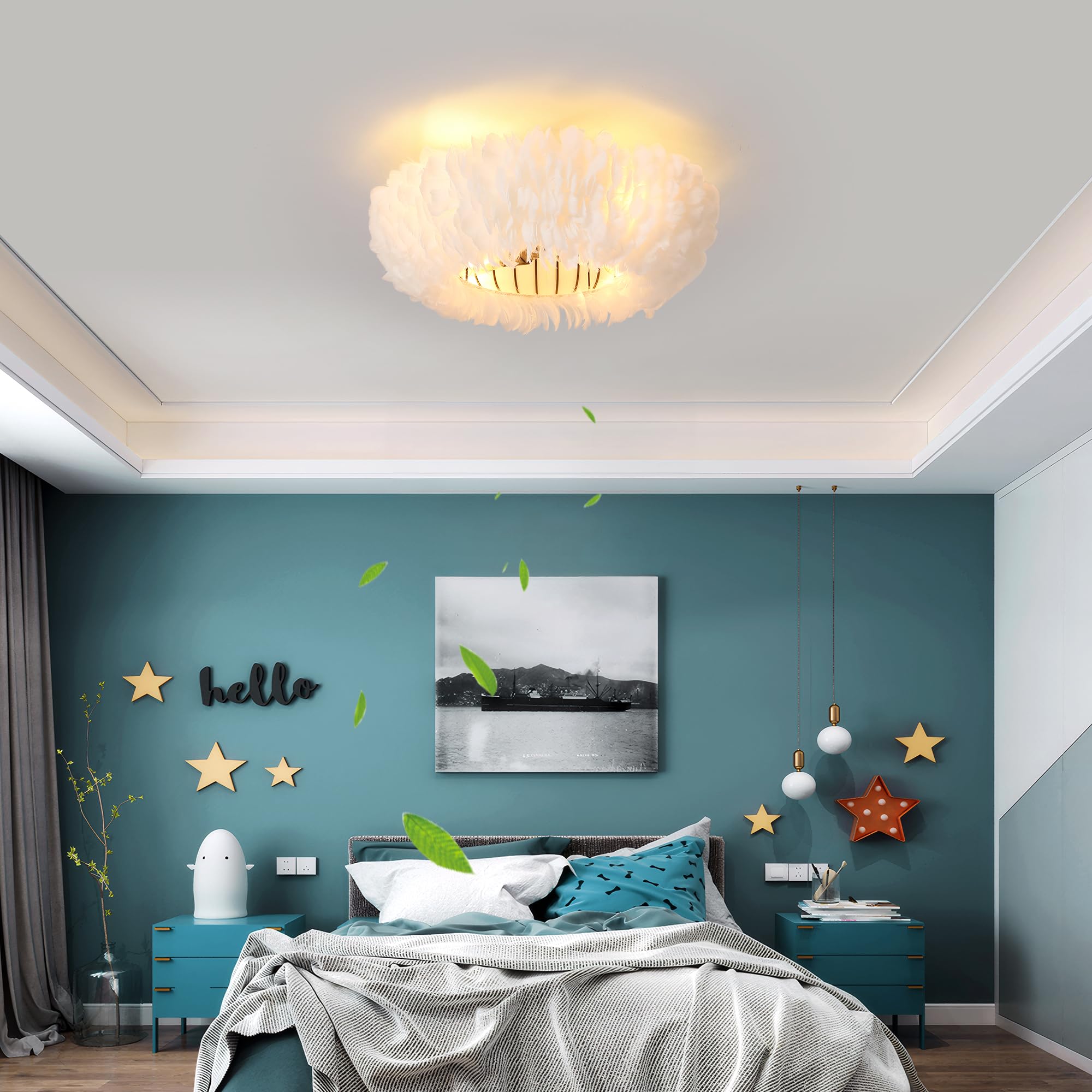 Xudom 20 Modern Ceiling Fans With Lights And Remote Control,White Feather Chandeliers Stylish Low Profile Ceiling Fan For Bedroo