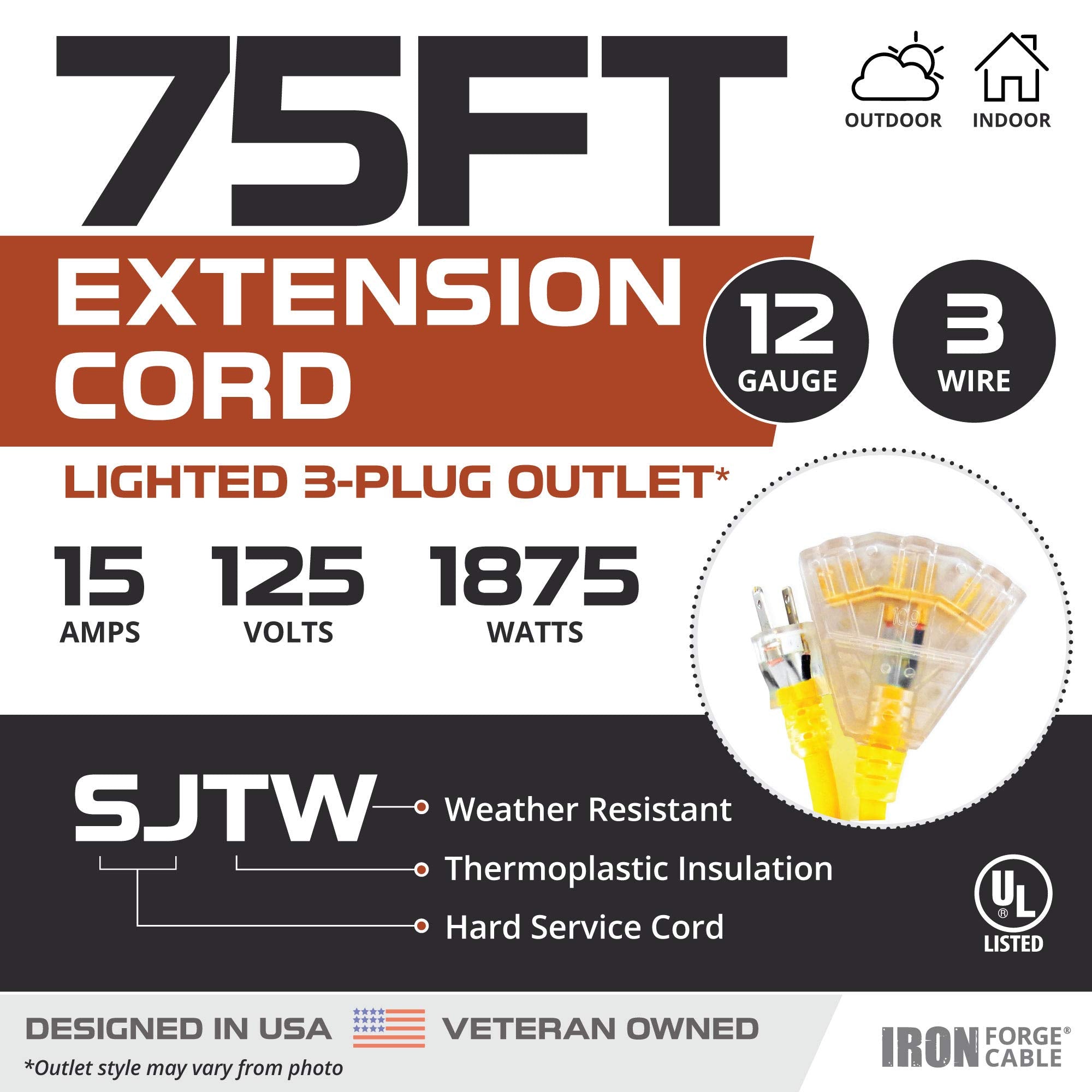 Iron Forge Cable 75 Foot Lighted Outdoor Extension Cord With 3 Electrical Power Outlets   12/3 Sjtw Heavy Duty Yellow Extension Cable With 3 Prong Grounded Plug For Safety, 15 Amp