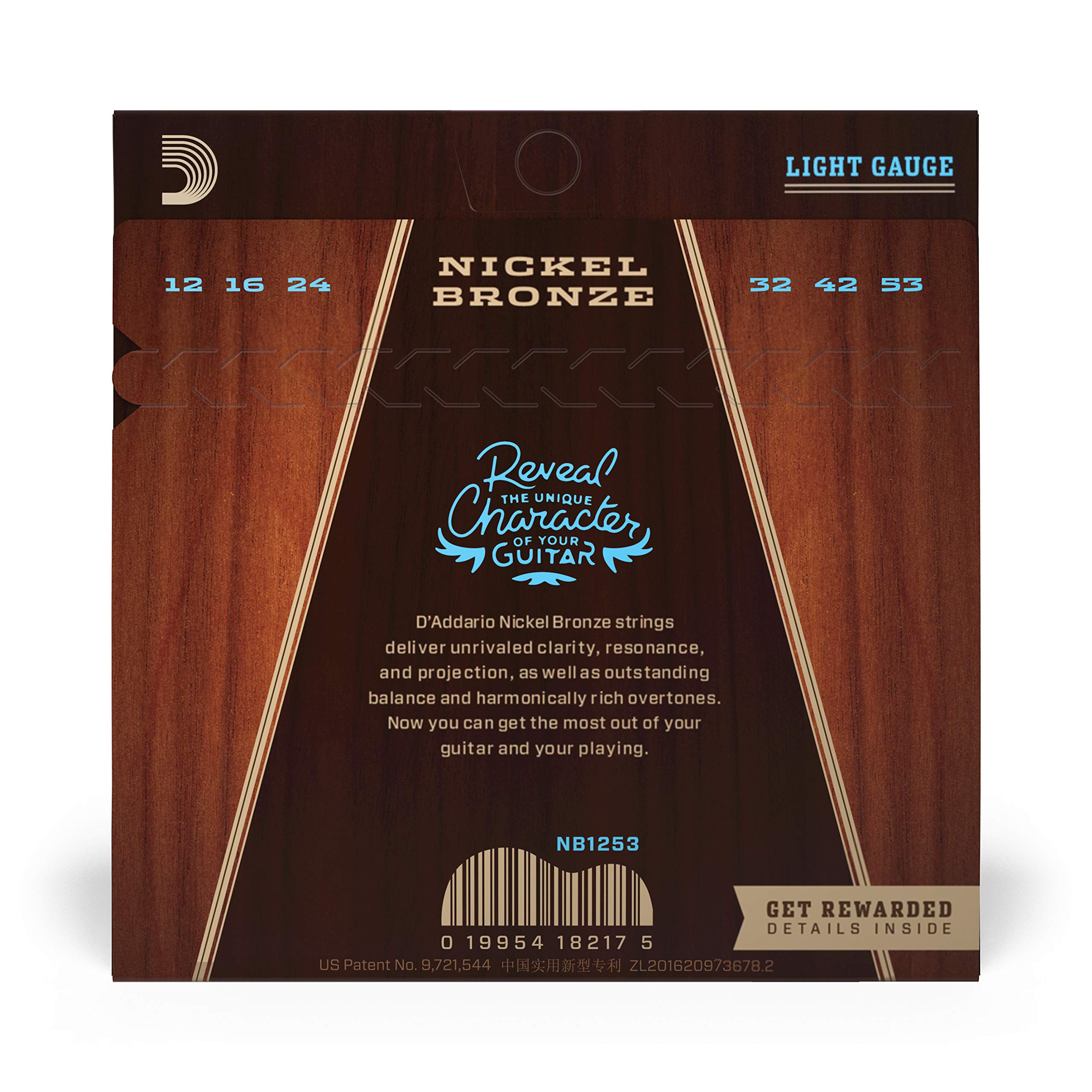 D'Addario Acoustic Guitar Strings, Nickel Bronze, Nb1253, Light Gauge 12 53, 6 String Set, Pack Of 1