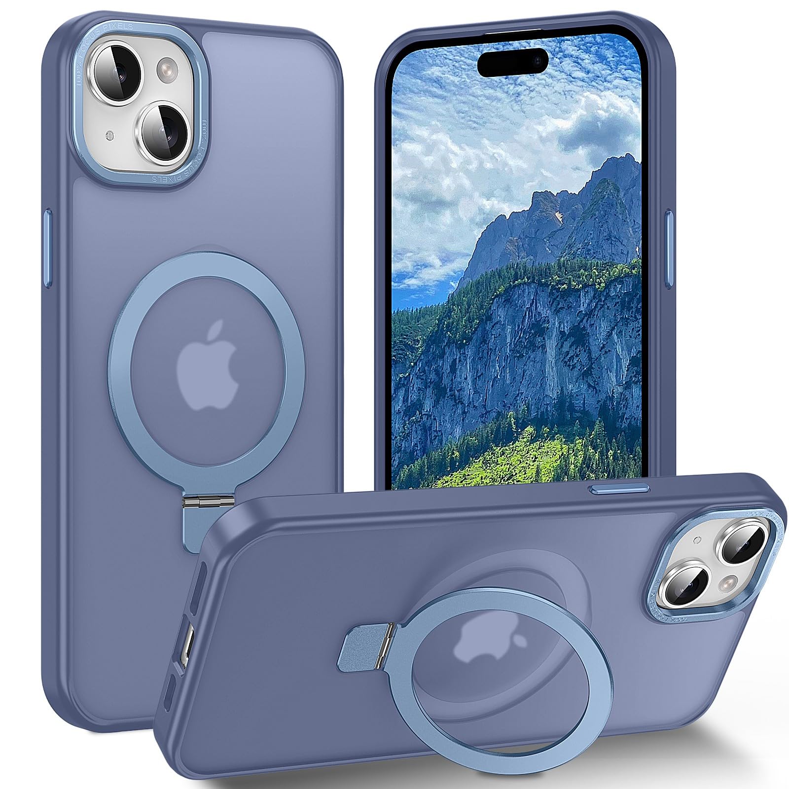 Lufanbis Magnetic For Iphone 15 Plus Case With Ring Stand, [10 Ft Drop Protection] [Velvety Touch] Slim Translucent Matte Back S