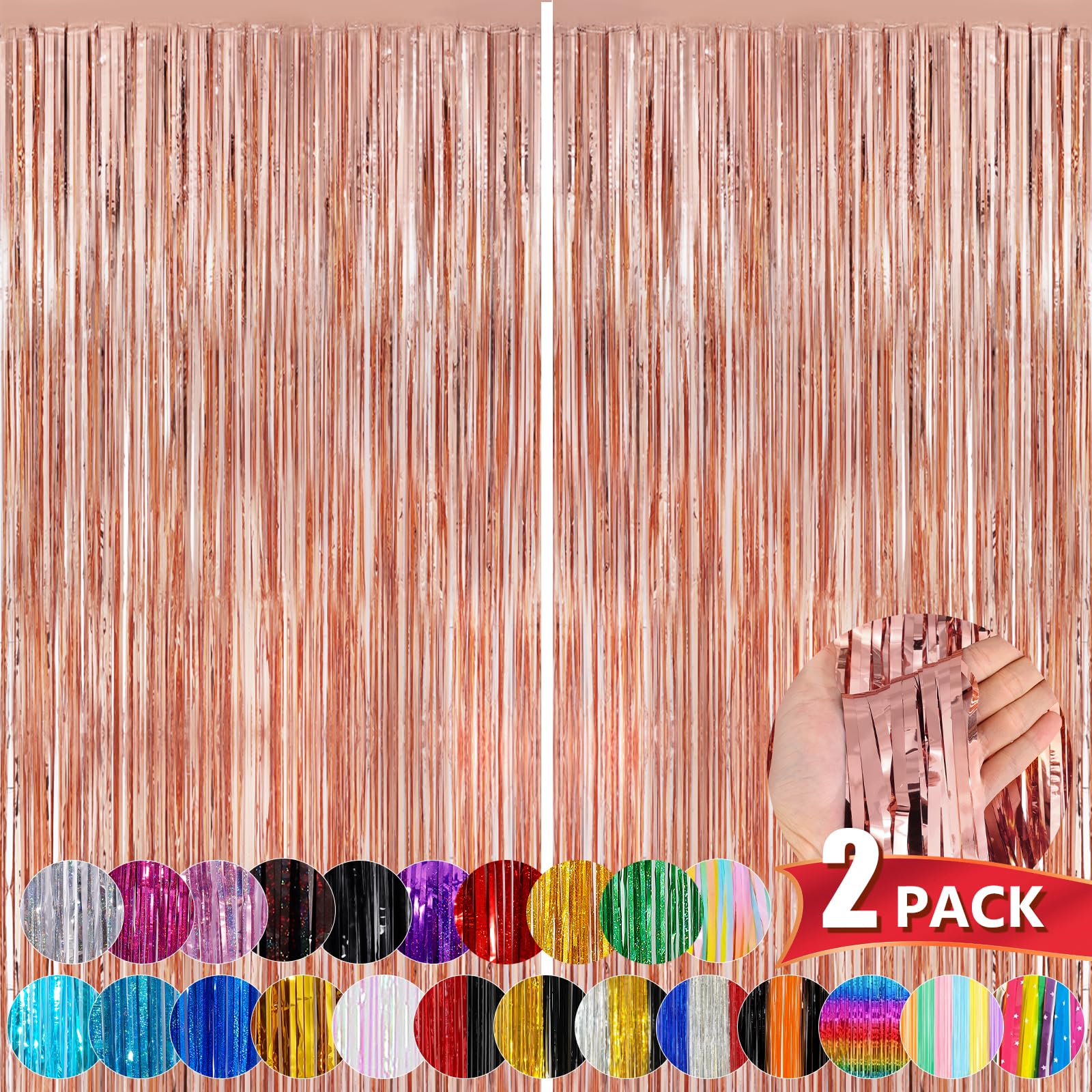 Rose Gold Metallic Tinsel Foil Fringe Curtains, 2 Pack 3.3X8.3 Feet Party Streamer For Birthday Party Decorations, Halloween Dec