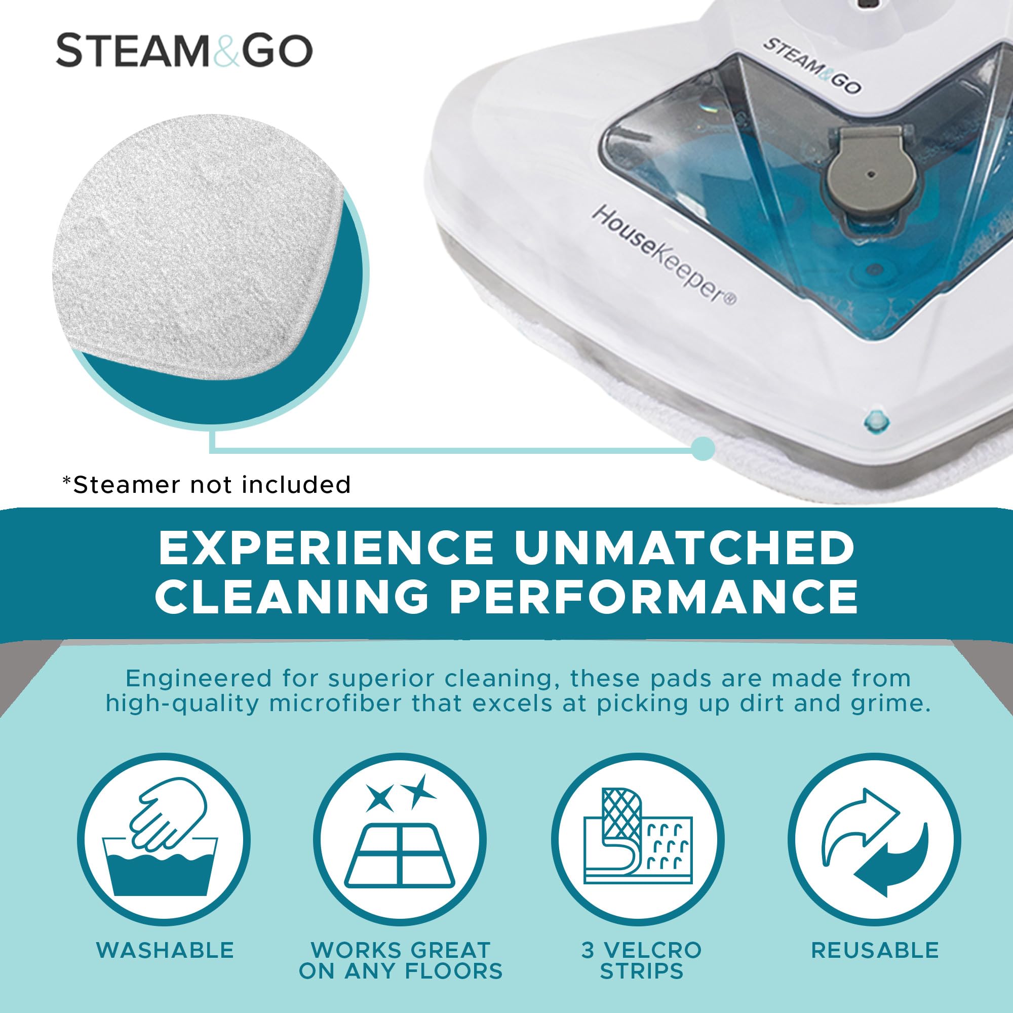 Steam & Go   Premium Steam Mop Pads, Microfiber Floor Steamer And Carpet Steamer Pads, Durable Steam Mops For Floor Cleaning, Wi