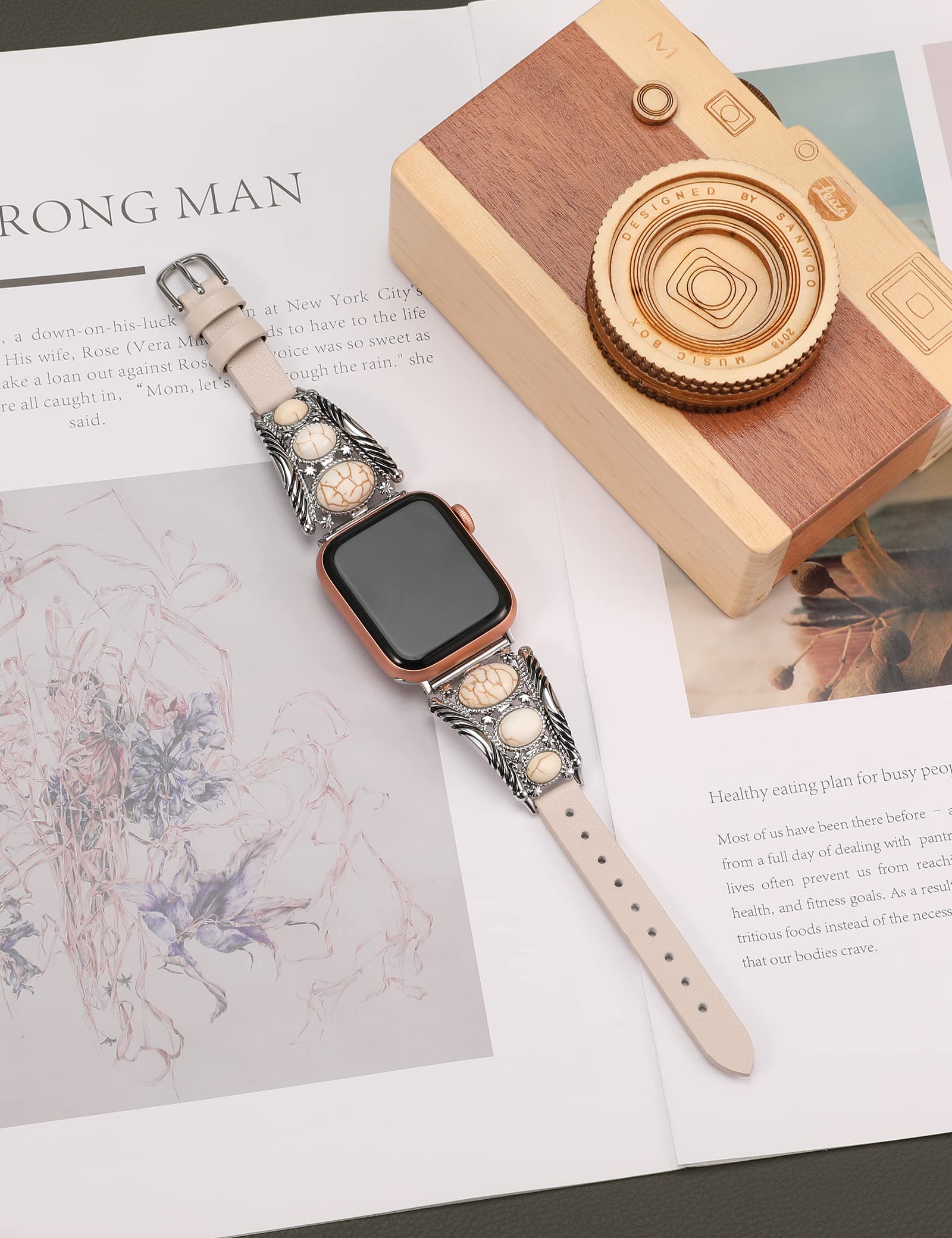 Minyee Leather Band Compatible With Apple Watch Band Women 38/40/41/42/44/45/49Mm, Boho Turquoise Designer Western Vintage Ethni