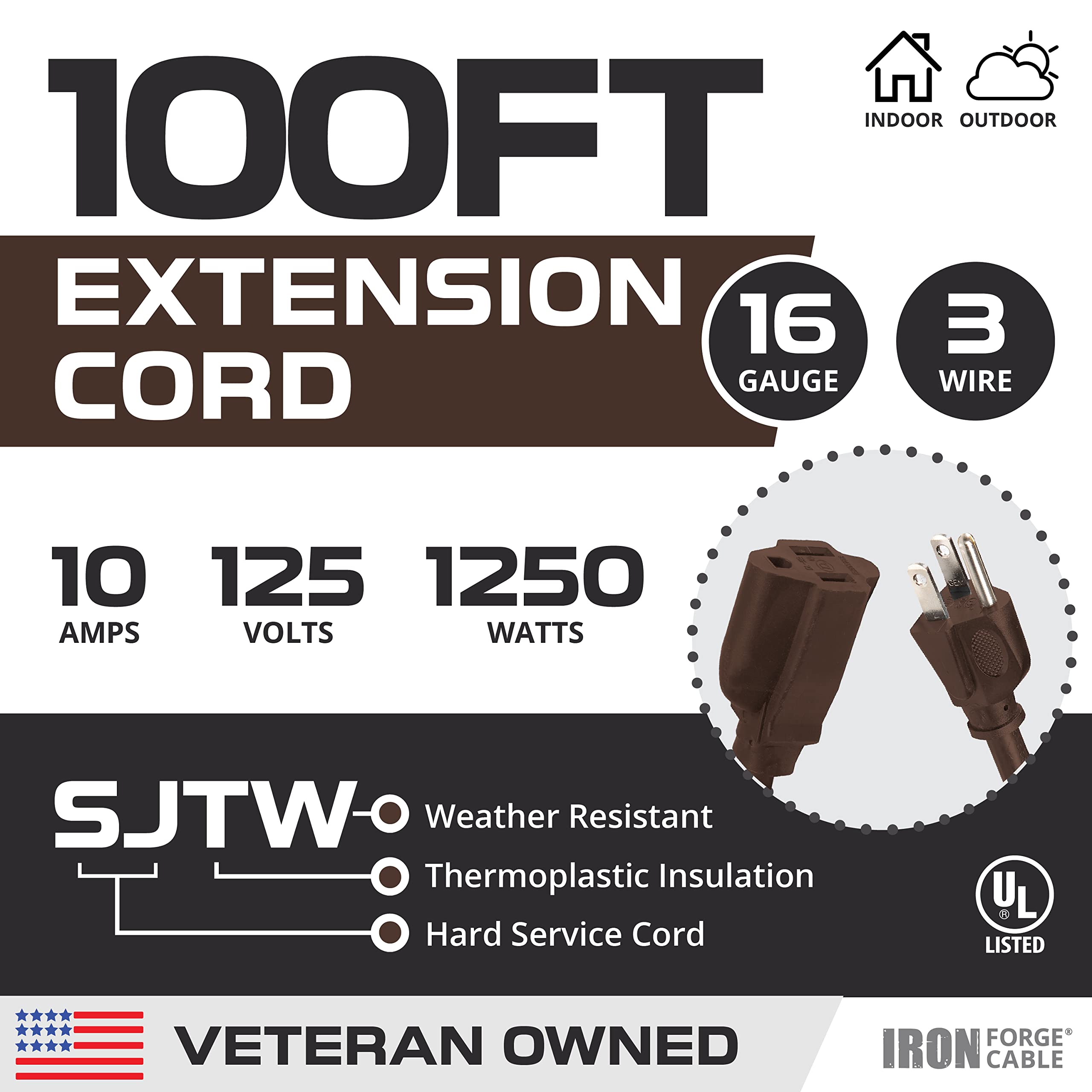 Iron Forge Cable Outdoor Extension Cord 100 Ft, 16/3 Sjtw 100 Foot Dark Brown Exterior Extension Cord 3 Prong, Weatherproof Heav