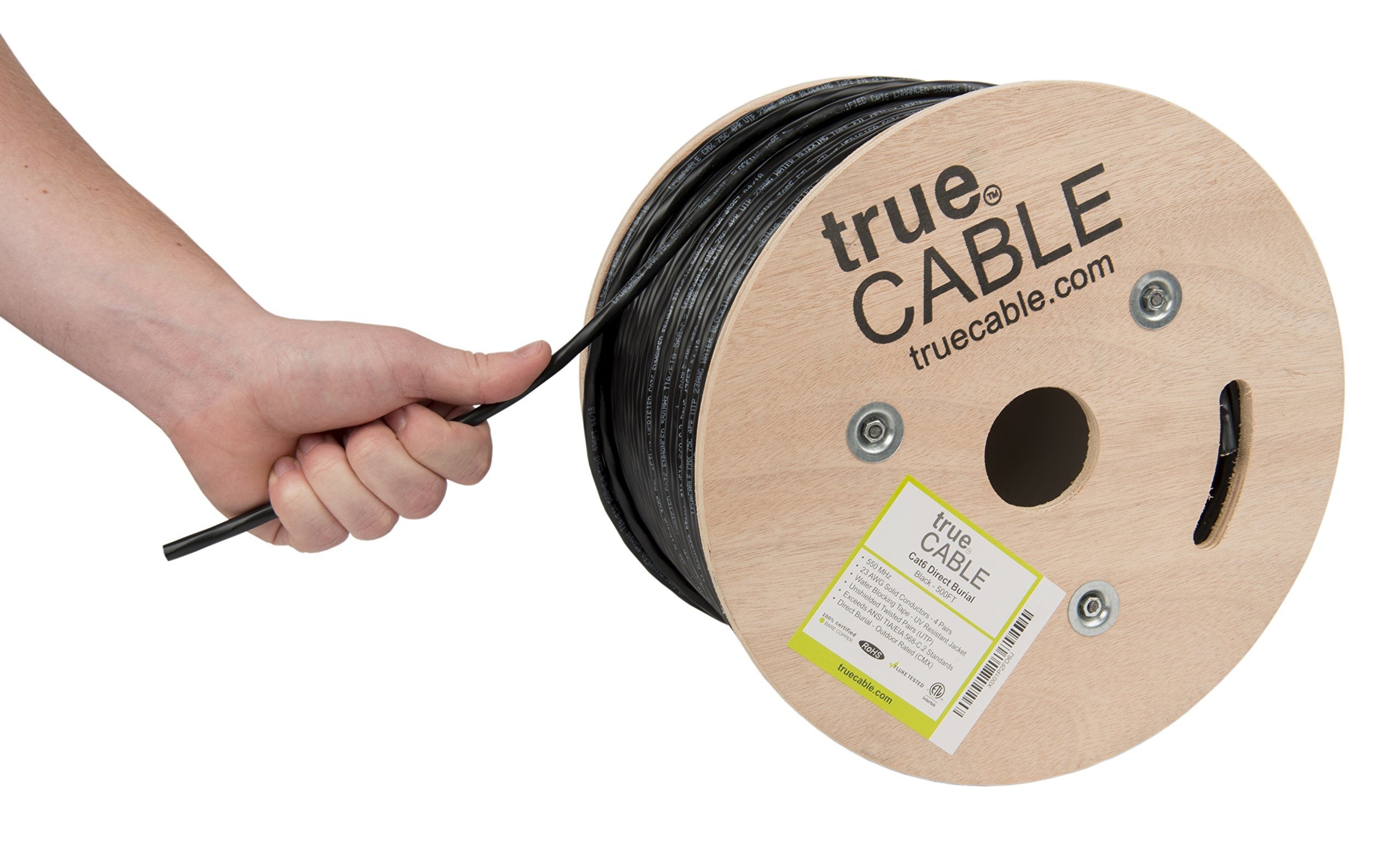 Truecable Cat6 Direct Burial, 500Ft, Waterproof, Outdoor Rated Cmx, Black, 23Awg Solid Bare Copper, 550Mhz, Poe++ (4Ppoe), Etl Listed, Unshielded Utp, Bulk Ethernet Cable