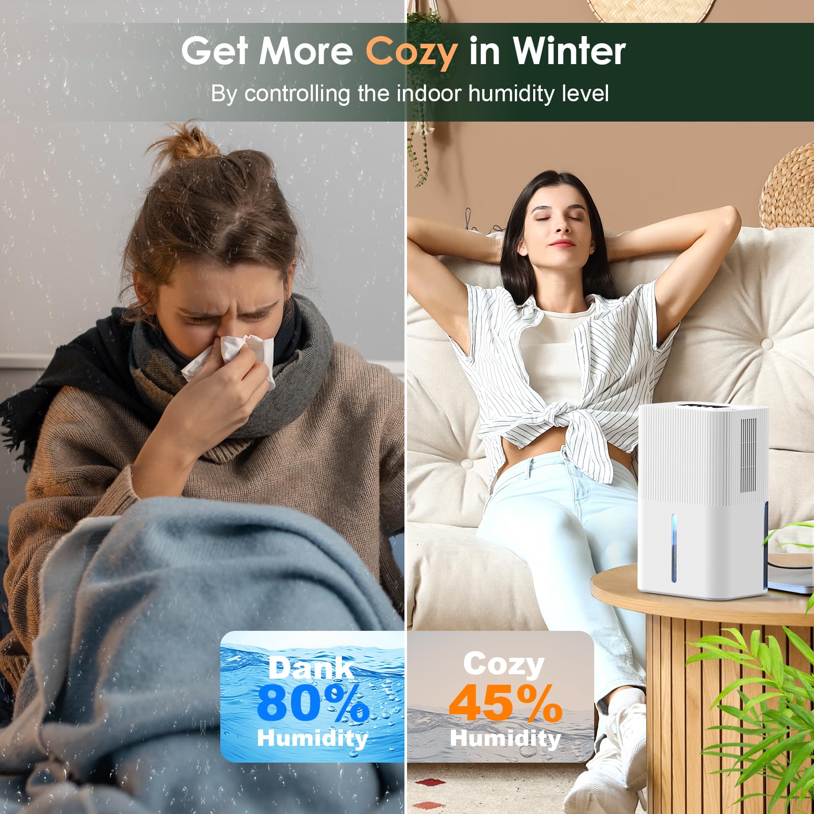 Portable Home Dehumidifier For Basements|91 Oz Tank|900 Sq.Ft Coverage|Quiet Smart Design With Auto Shut Off White