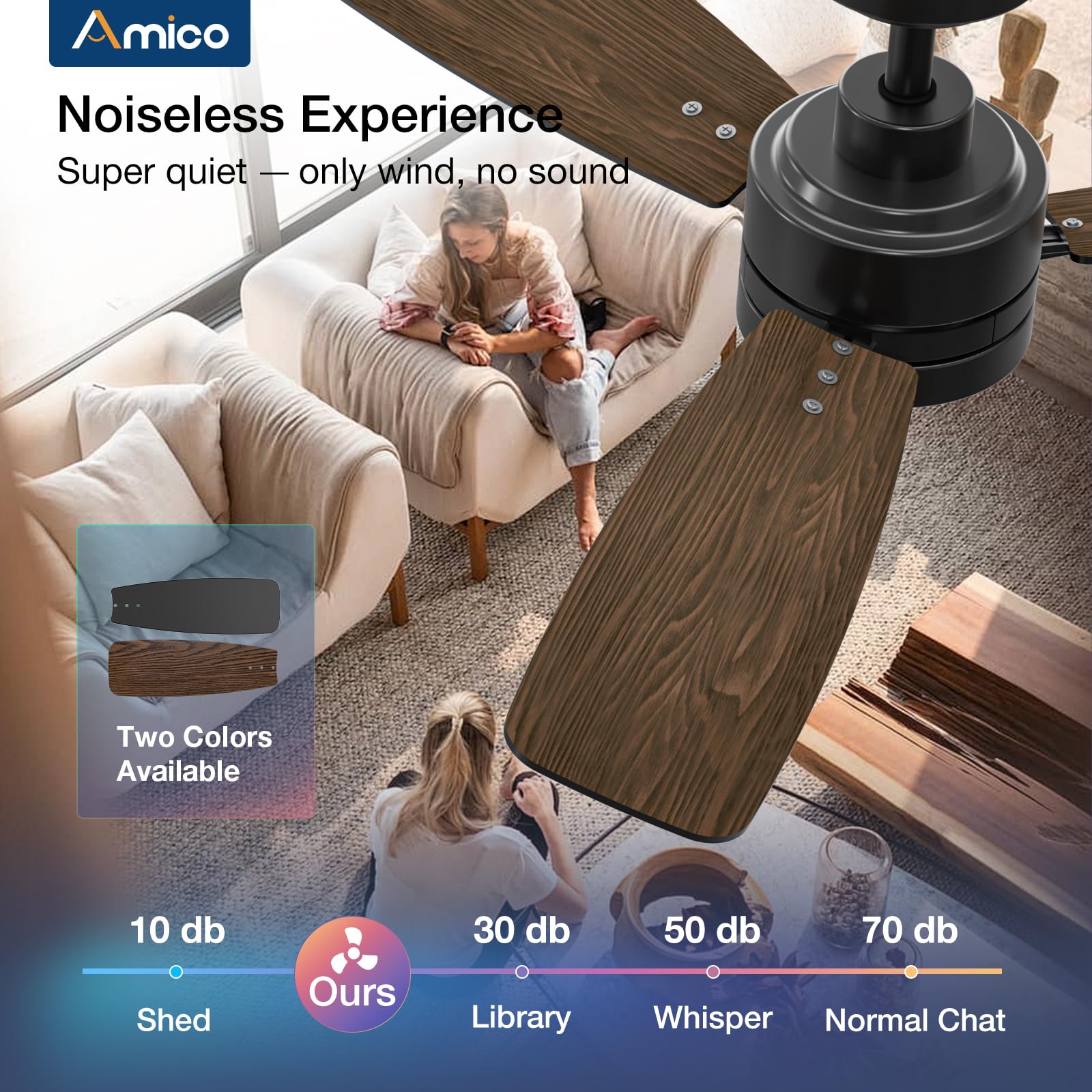 Amico Ceiling Fans With Lights, 44 Inch Ceiling Fan With Light And Remote Control, Reversible, 3Cct, Dimmable, Noiseless, Small