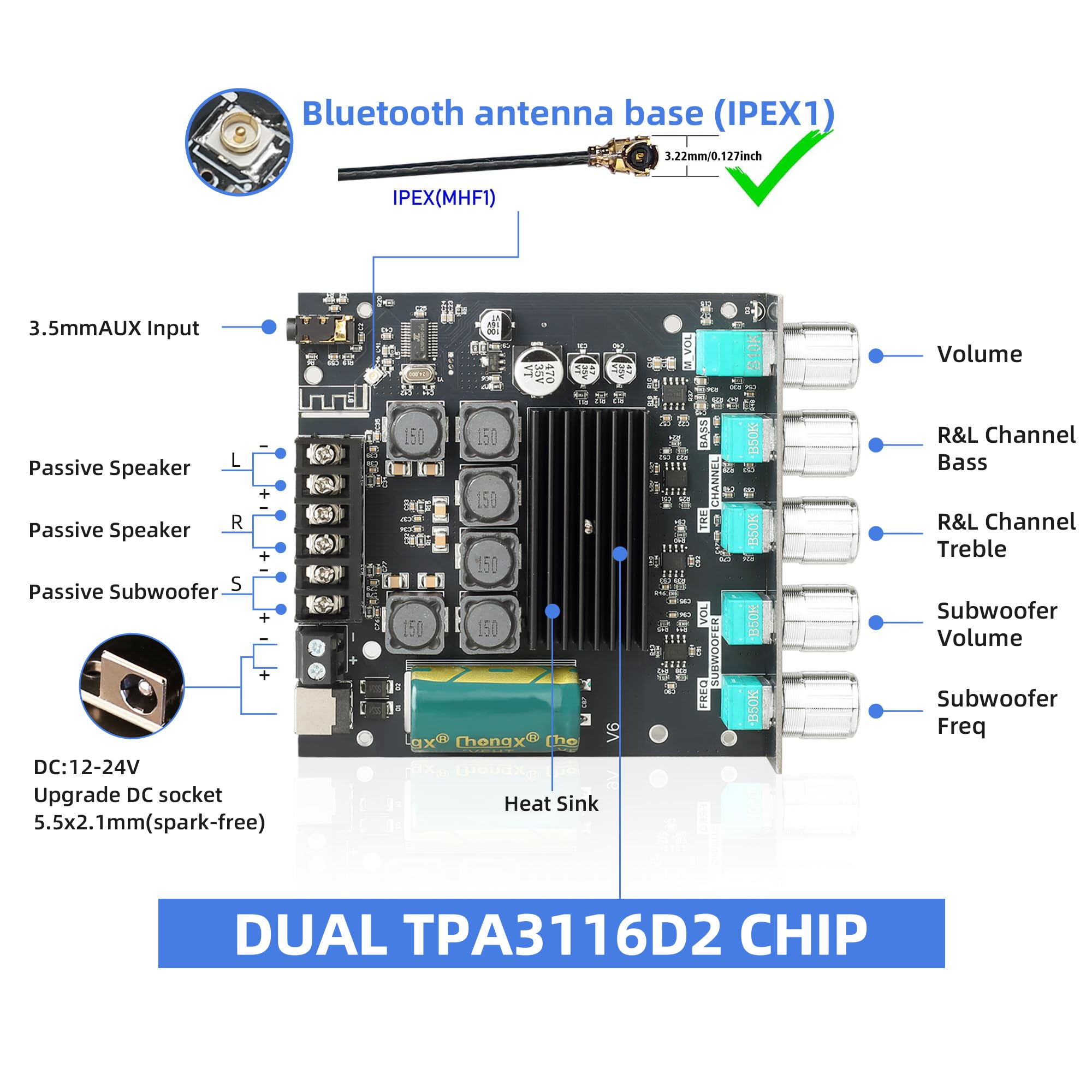 Zk-Tb21 Bluetooth Amplifier Board 2.1 Channel,50W+50W+100W Power Output Class D Amp Module With Dual Tpa3116D2 Chip (Zk-Tb21)