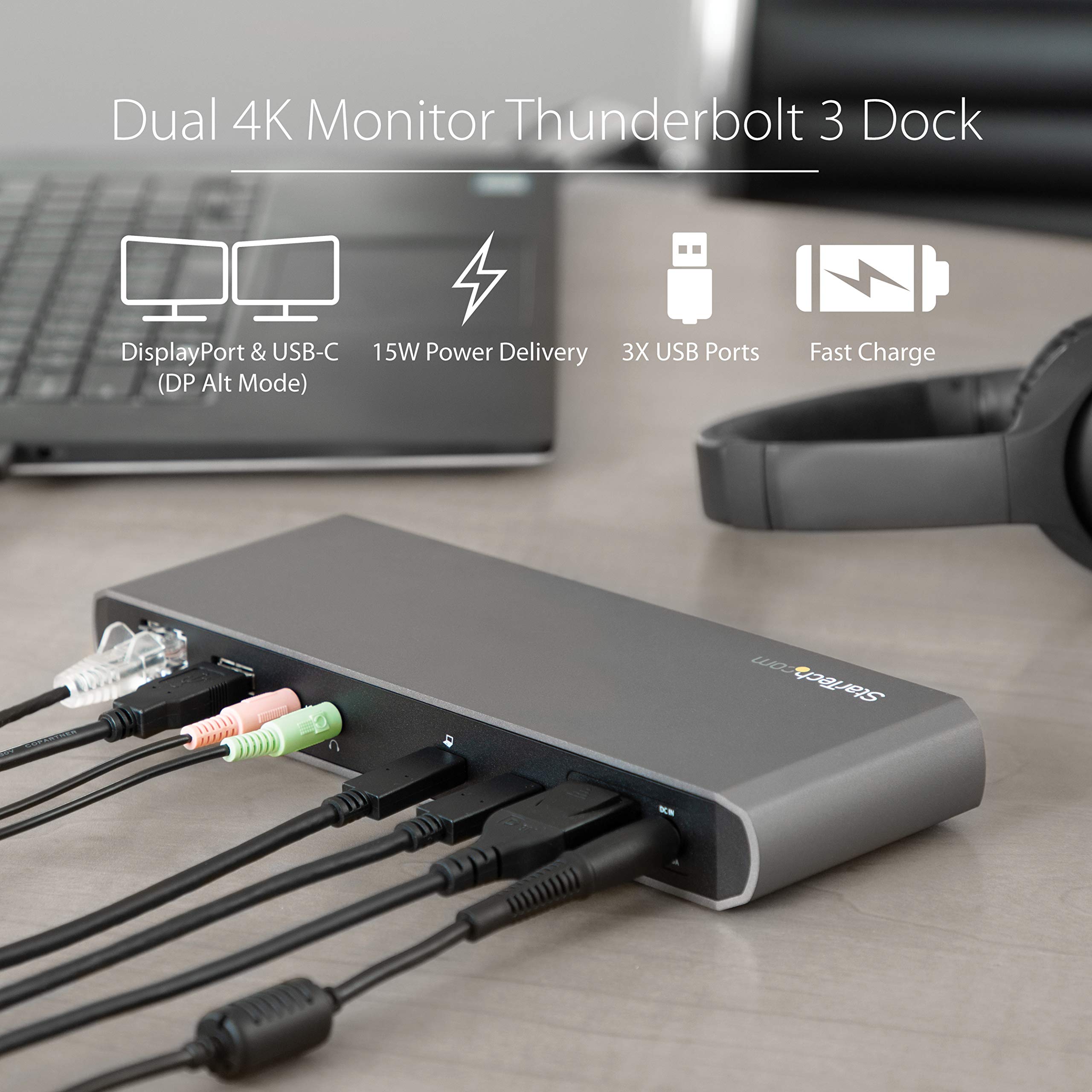 StarTech.com Dual 4K Thunderbolt 3 Docking Station   Windows & Mac   15W Power Delivery DisplayPort & TB3 Laptop Dock (TB3DKDPMAW)