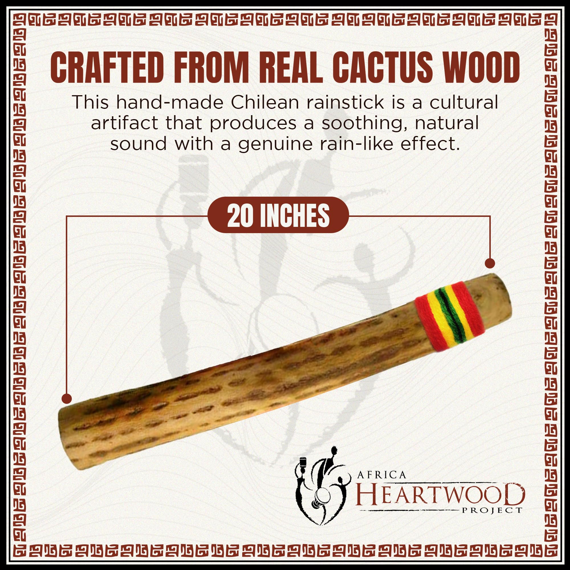 Africa Heartwood Project 20'' Cactus Rainstick From Chile   Authentic Handcrafted Rain Stick Musical Instrument With Rasta Yarn