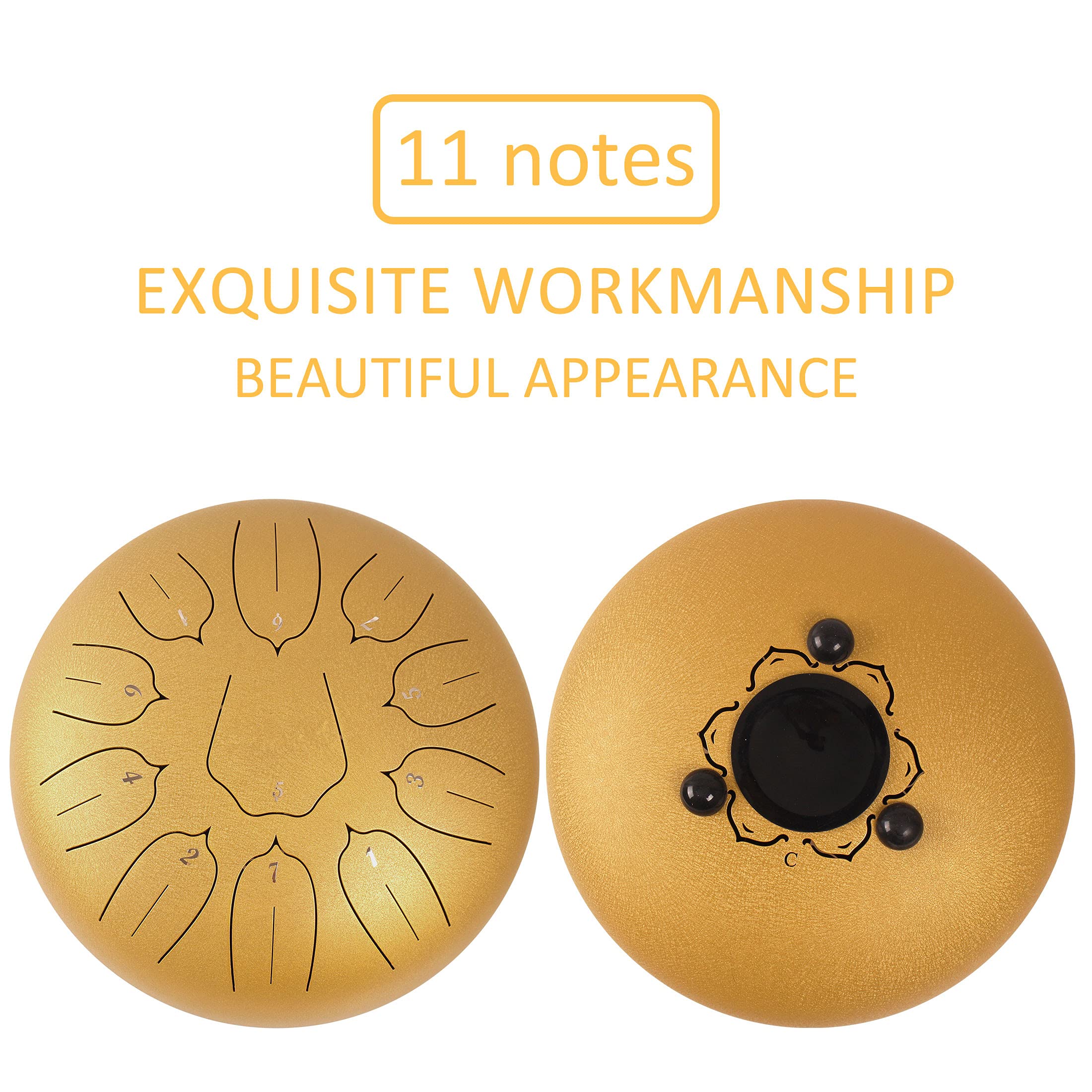 Lomuty 12 Inches 11 Notes Steel Tongue Drum Percussion Instrument  Handpan Drum With Bag, Music Book, Mallets, Finger Picks Gold