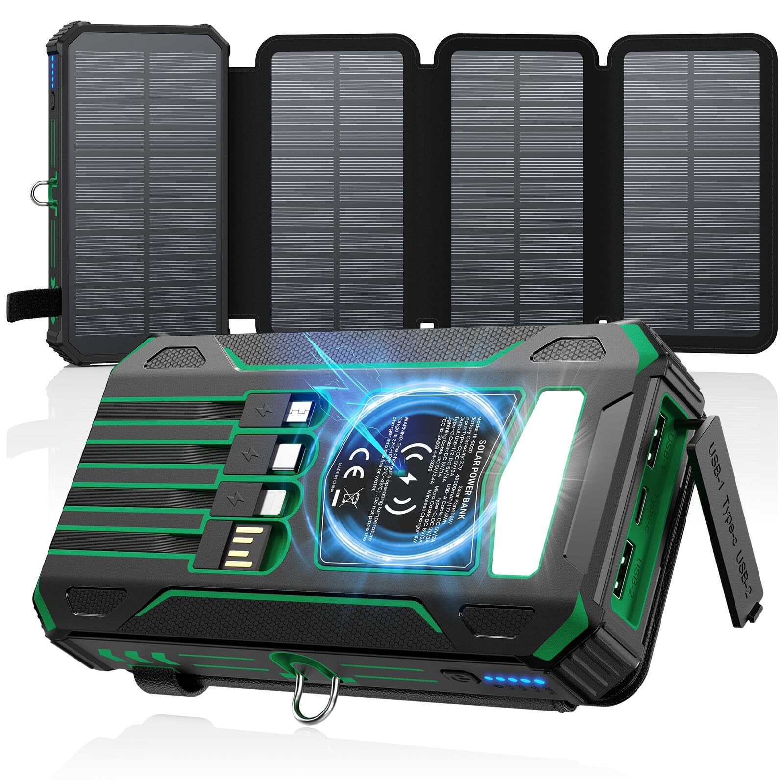 Solar Power Bank 48000mAh Built in 4 Cables, Flashlight, Travel Essential