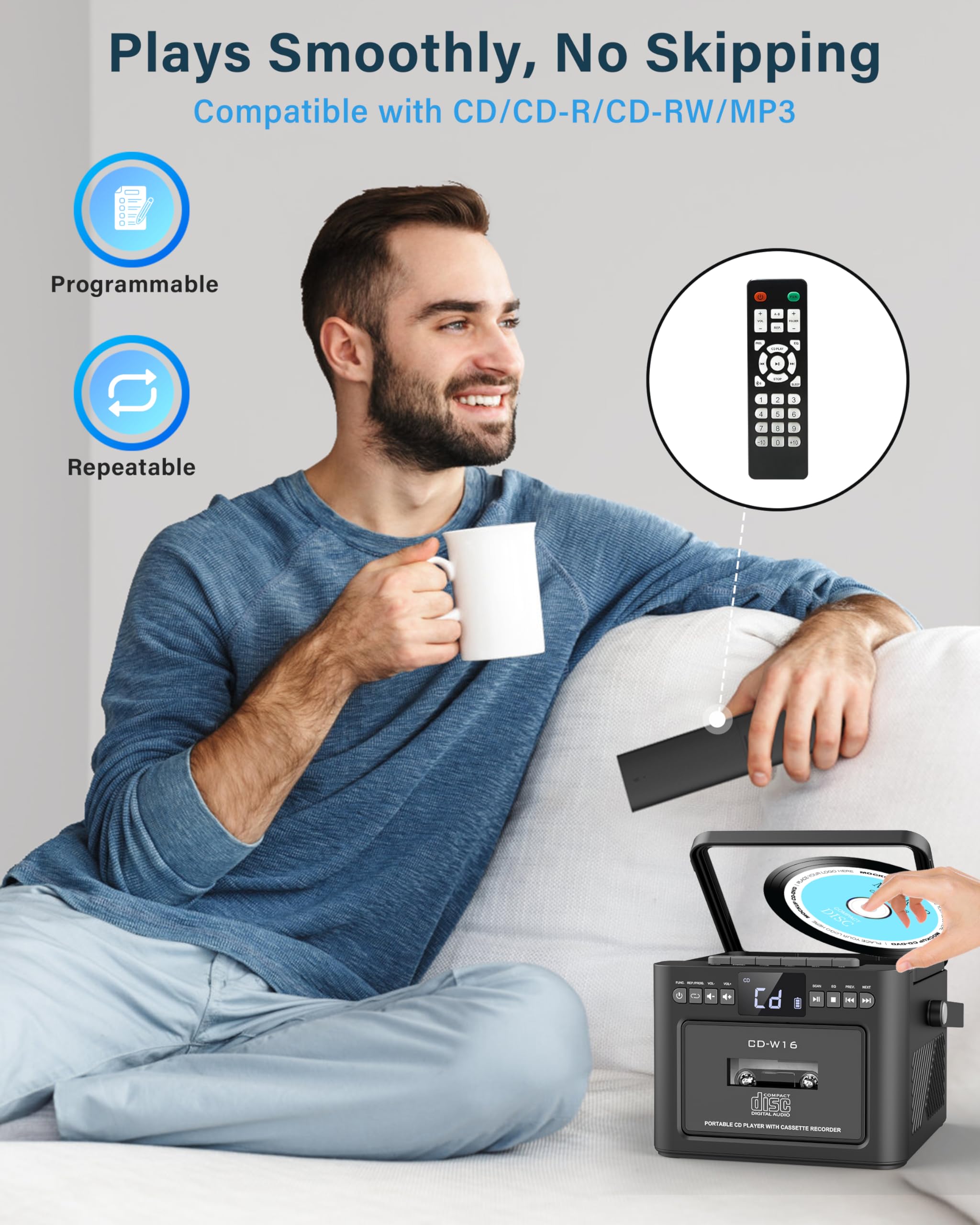 Greadio Boombox Cd And Cassette Player Combo, 5000Mah Rechargable Cd Player Boombox With Bluetooth Receive/Transmit/Fm Radio/Usb