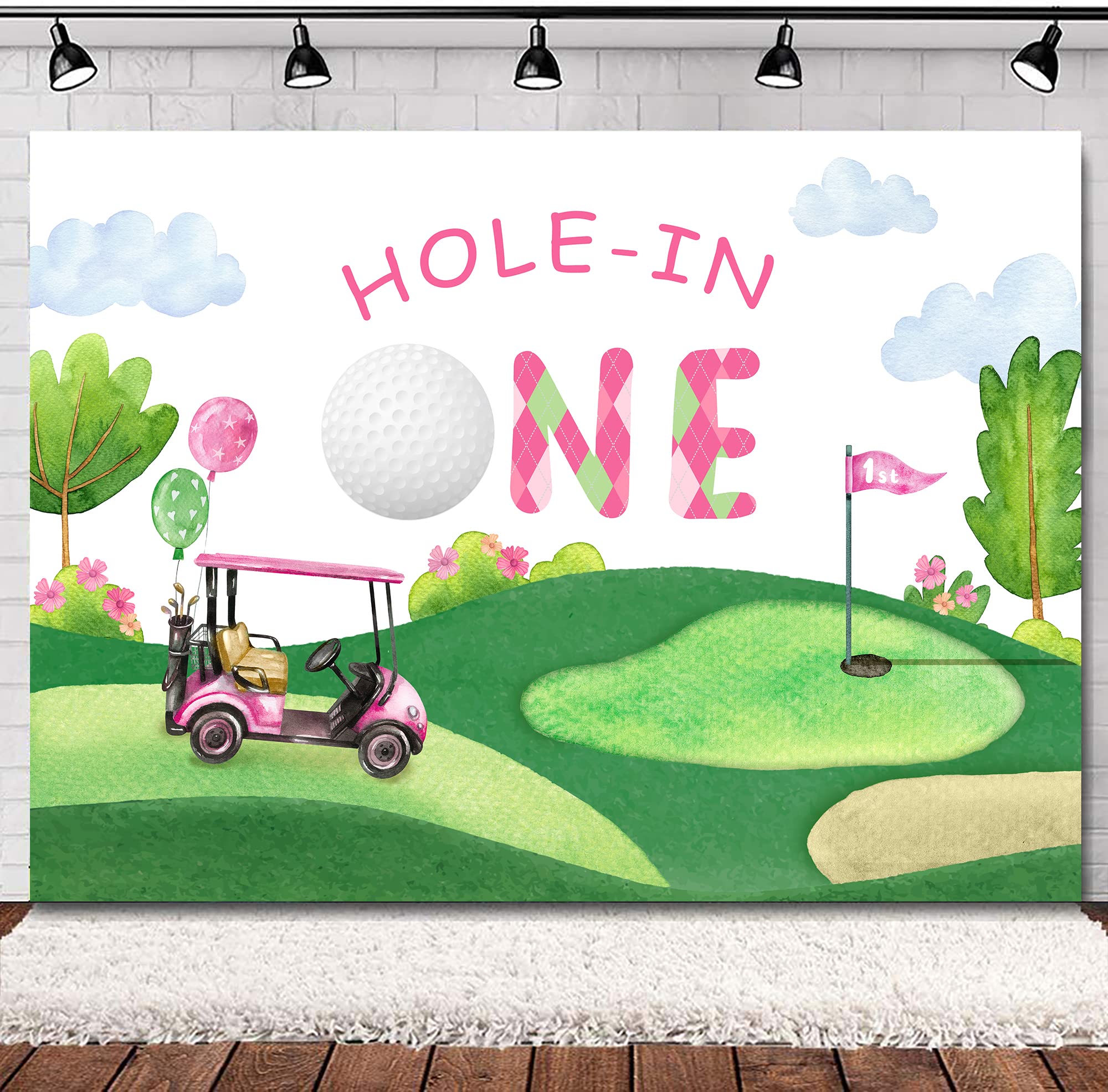 Svbright Hole In One 1St Birthday Backdrop 7Wx5H Kids First Bday Golf Sports Theme Blue Sky White Clouds Grass For Girls Party C