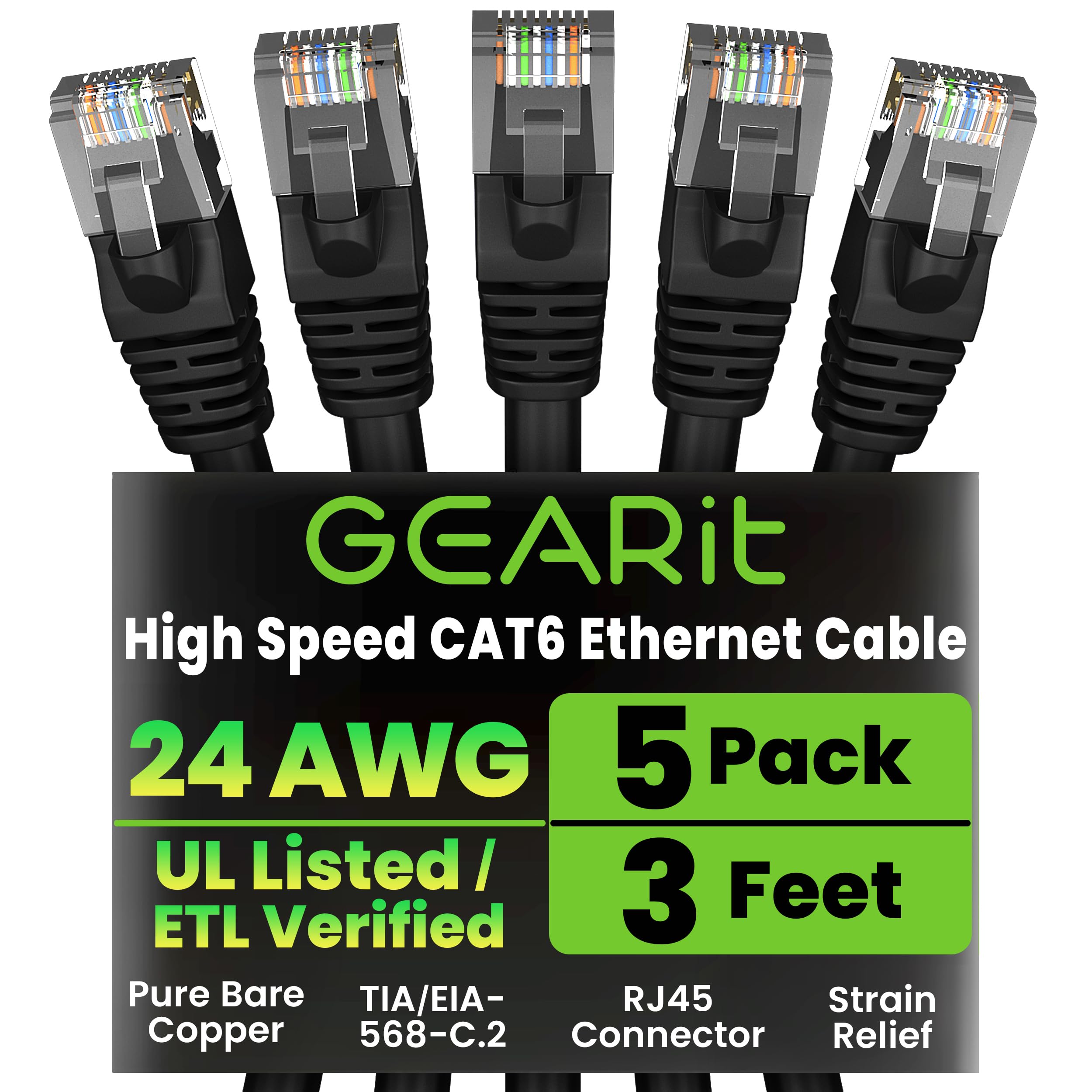 GEARit Cat 6 Ethernet Cable Pack - 5-Pack 3 ft Cat6 Ethernet Patch Cables | RJ45 Network Patch Cable, 10 Gbps Snagless Gold-Plat