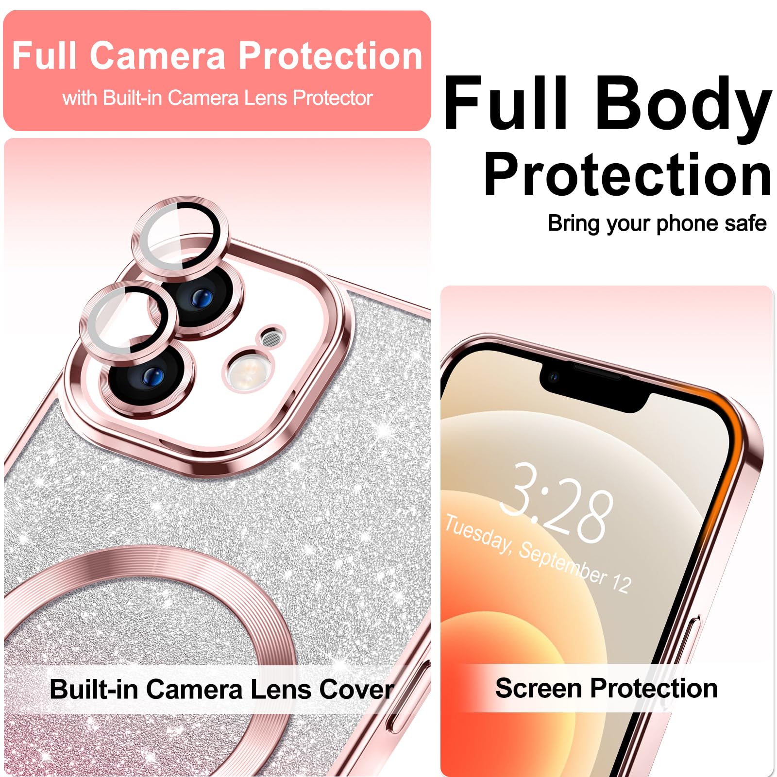 Hython For Iphone 12 Case Clear Magnetic Glitter Phone Cases [Compatible With Magsafe] Full Camera Lens Protector Slim Gradient