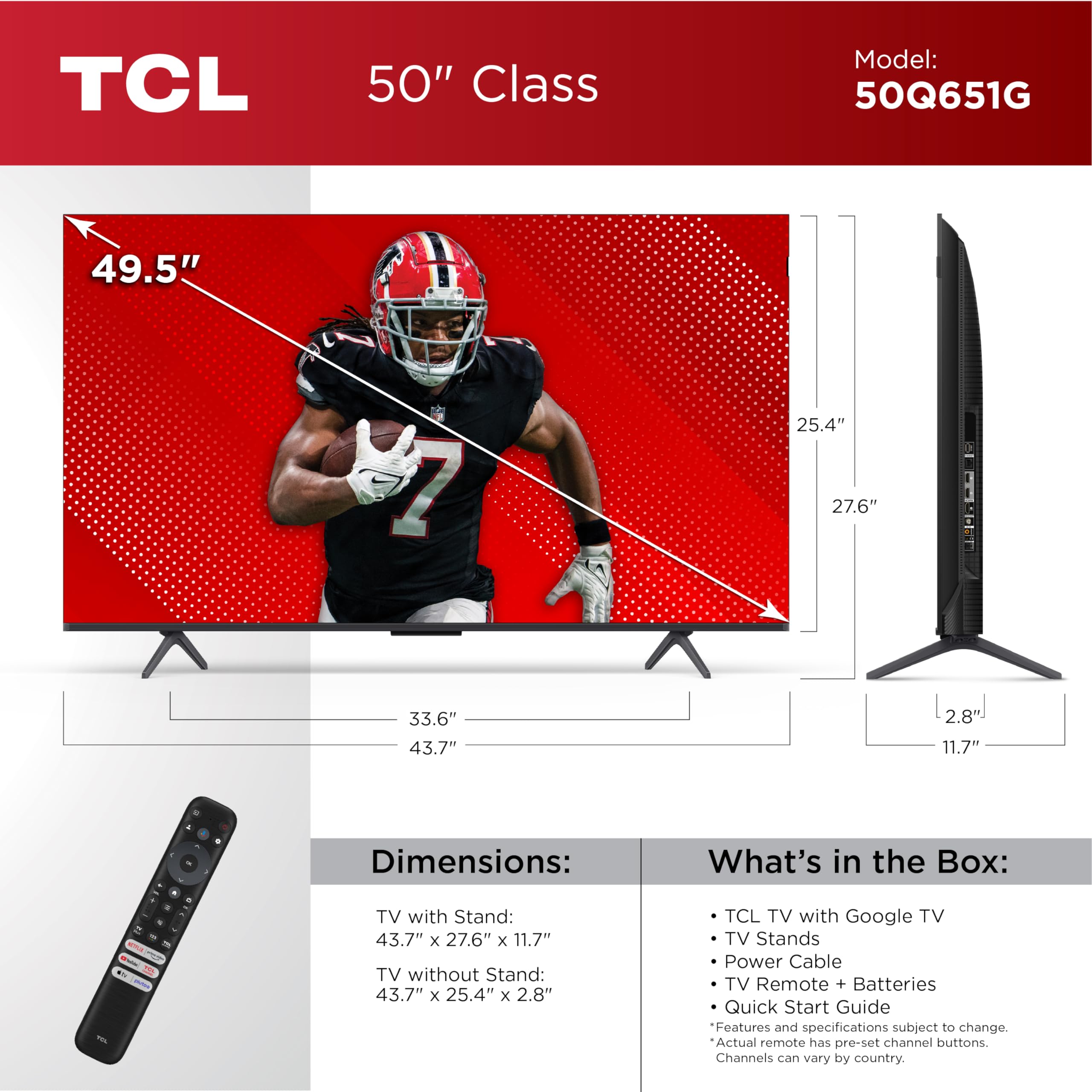 Tcl 50-Inch Q65 Qled 4K Uhd Smart Tv With Google Tv (50Q651G, 2024 Model) Dolby Vision, Dolby Atmos, Hdr Pro+, Game Accelerator