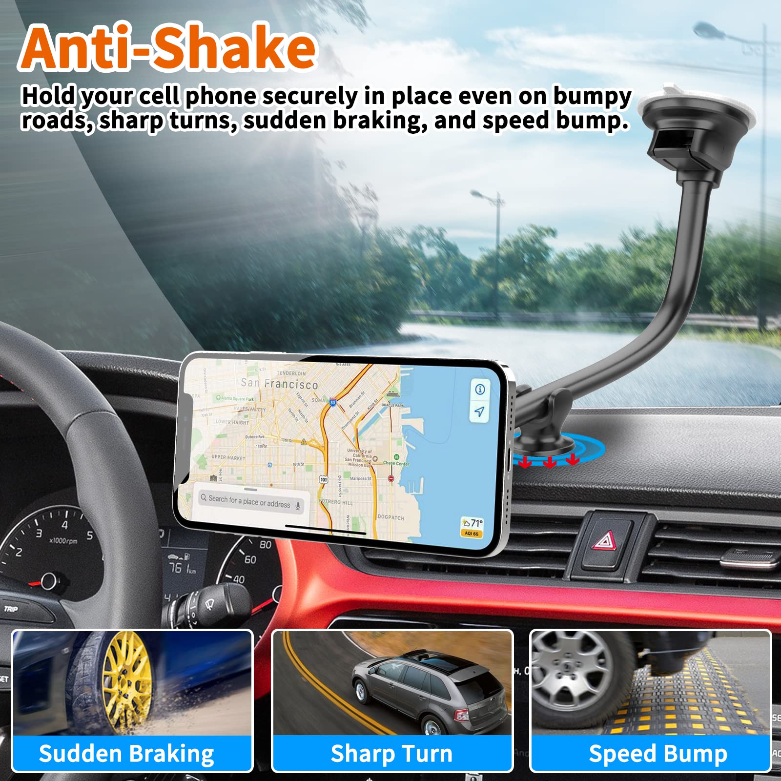 1Zero Magnetic Phone Car Mount 14-Inch Gooseneck Long Arm Extension, Universal Windshield Dashboard Industrial-Strength Suction