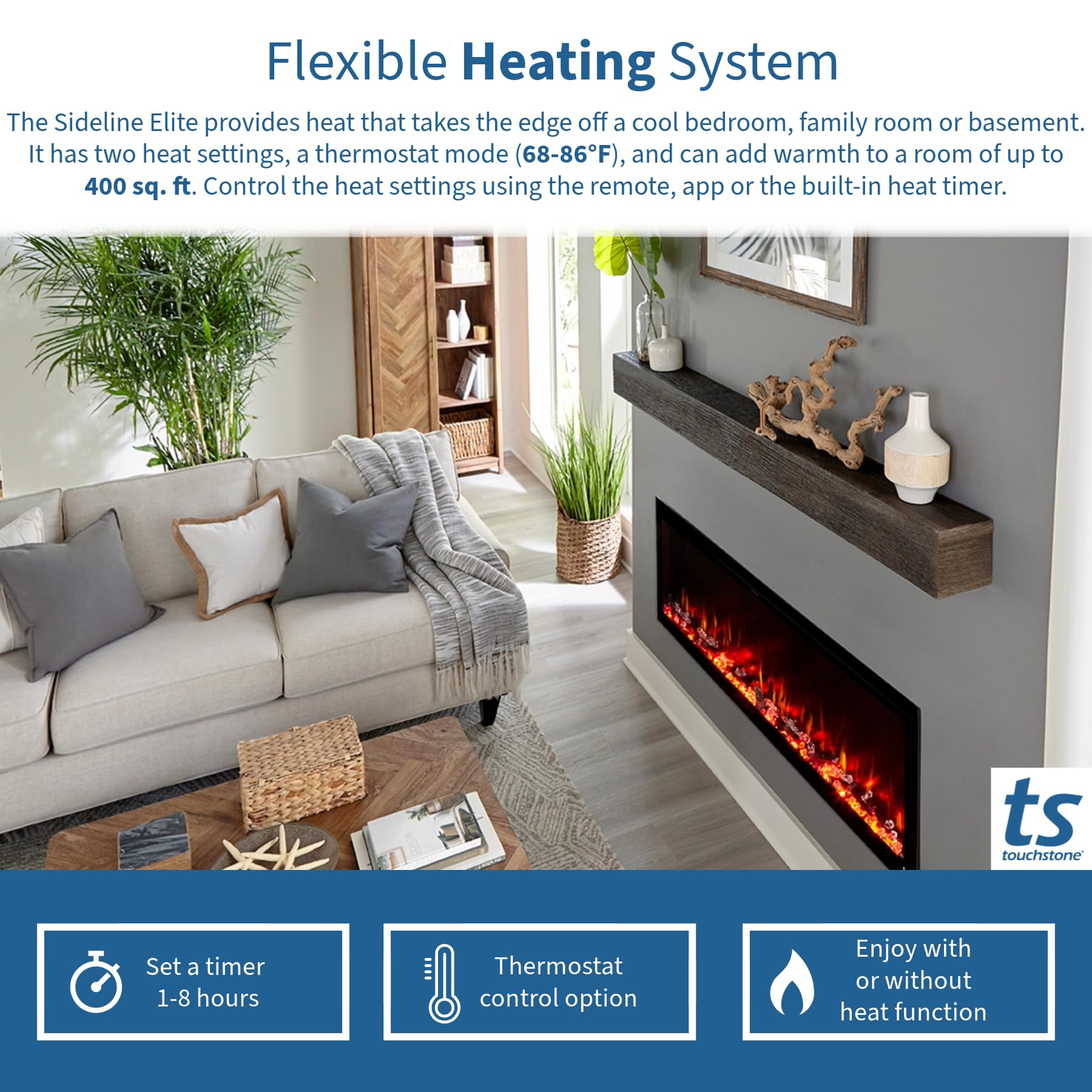 Touchstone Sideline Elite Smart 50    Wifi Enabled Electric Fireplace   In Wall Recessed   60 Color Combinations   1500/750 Watt