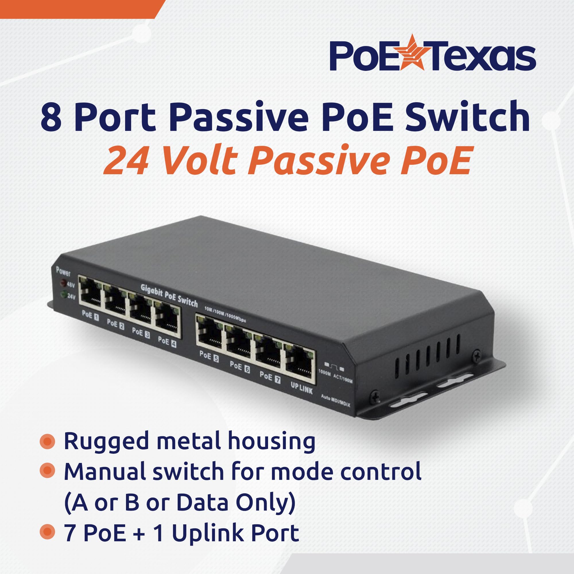 Poe Texas 8 Port Passive Poe Switch   24V Passive Unmanaged Network Gigabit Poe Switch W/ 1 Uplink Port, Power 7 Devices, Includ