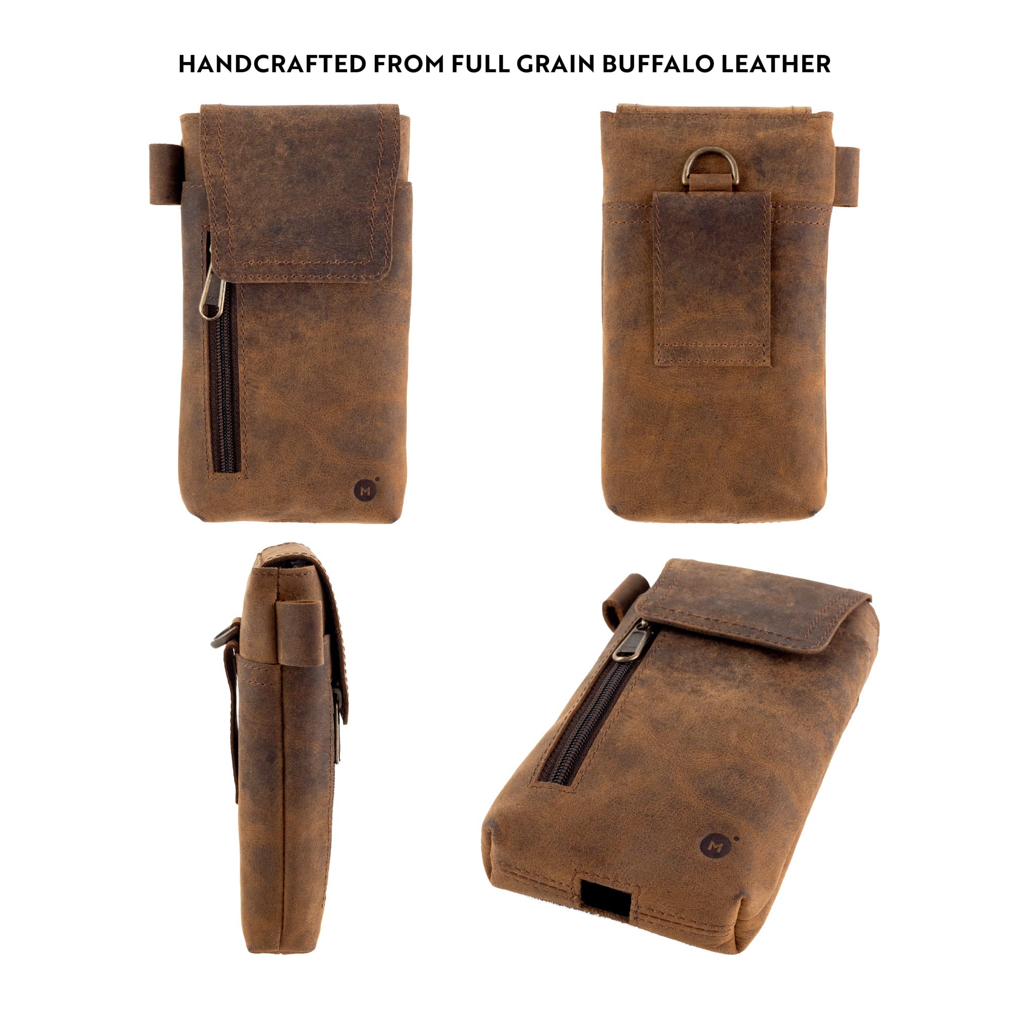 MOONSTER® Leather Phone Holster - Full-Grain Buffalo Leather, 7” H x 3.5” W, Brown, Secure Belt Holder for Large Smartphones