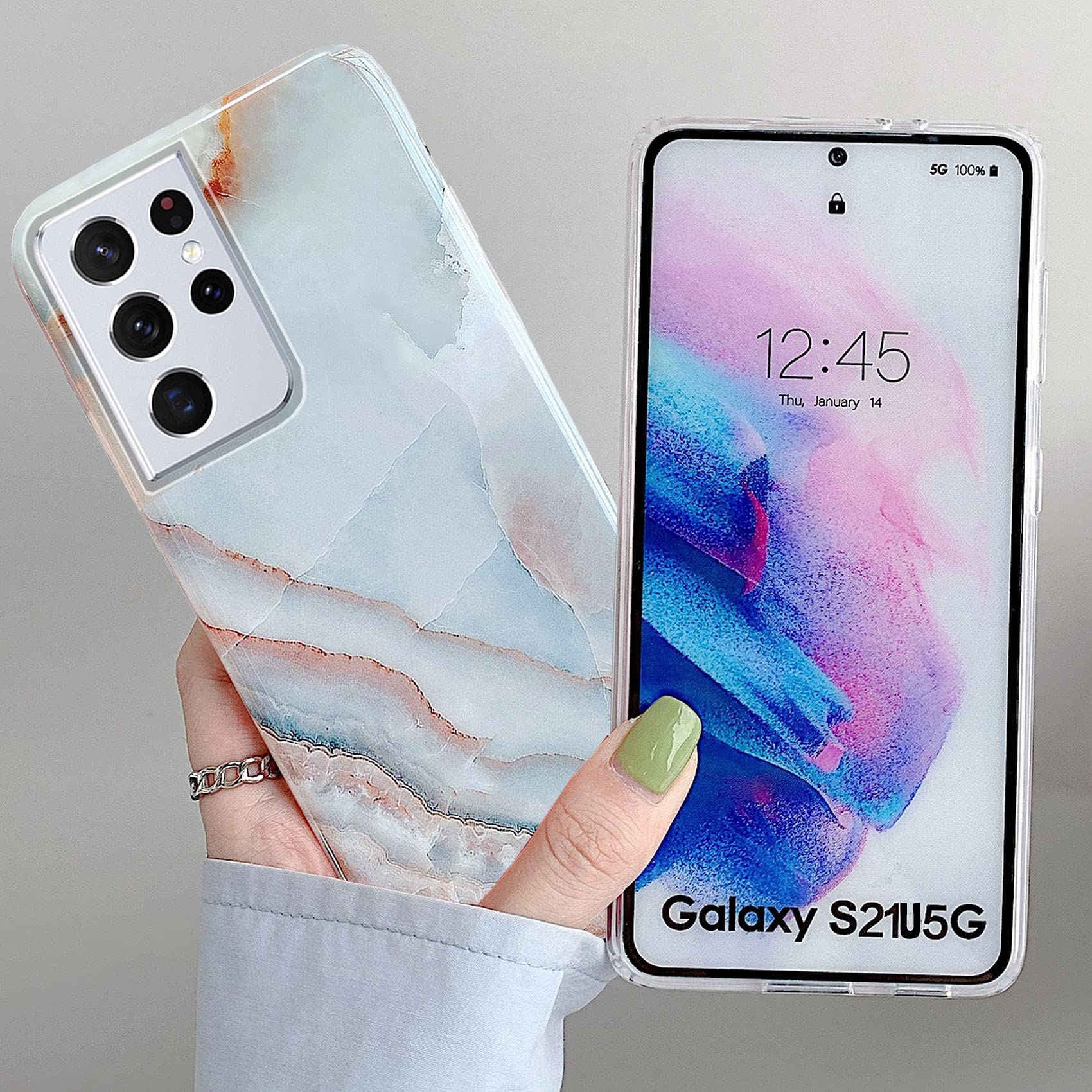 J.West Galaxy S21 Ultra Case 6.8 Inch, Luxury Grey Marble Design Stone Pattern Slim Thin Soft Rubber Silicone Protective Phone C