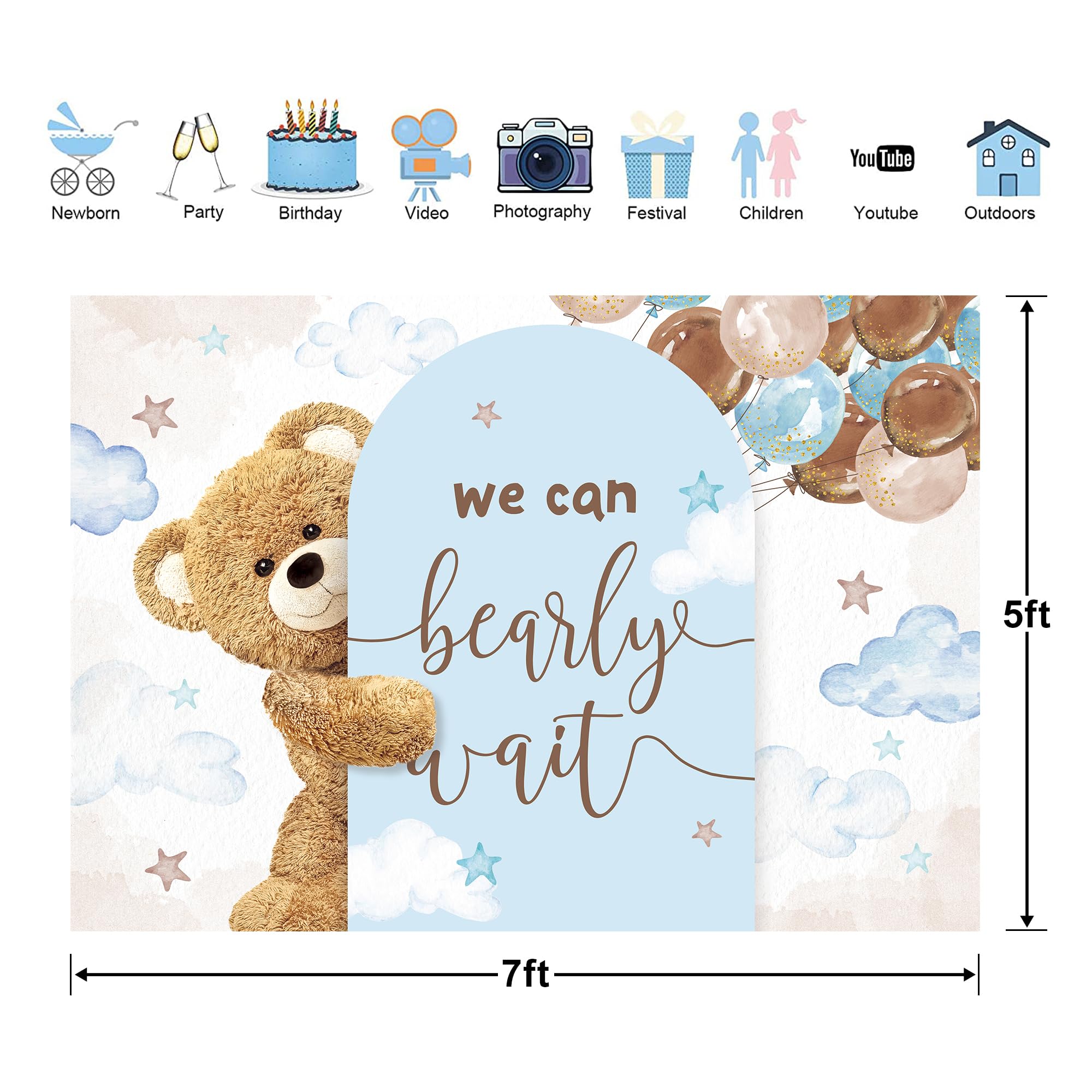 Glawry We Can Bearly Wait Backdrop 7Wx5H Feet Boho Lovely Cartoon Blue Balloons Arch Bear Baby Shower Party Decorations Photogra