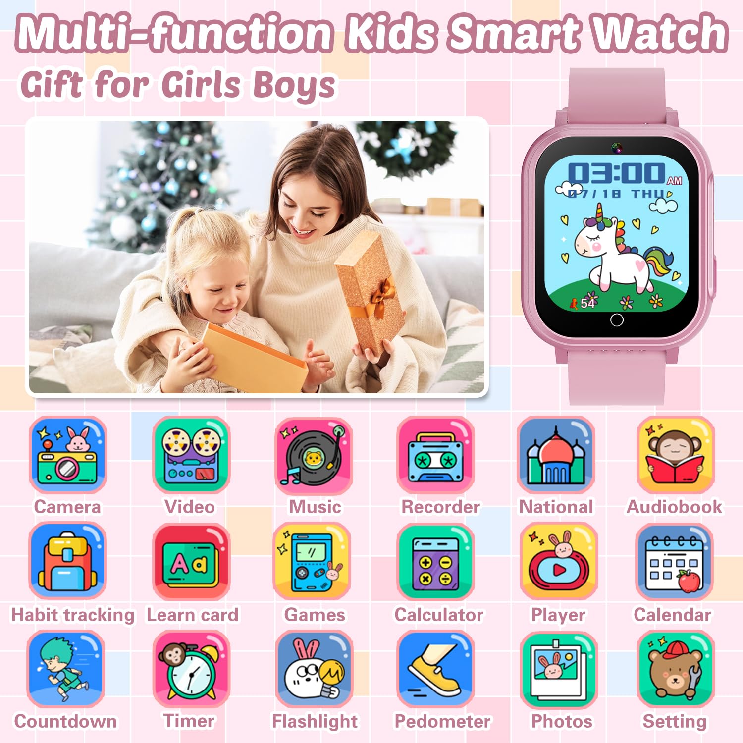 Waterproof Smart Watch For Kids Gift For Girls Age 5-12 With 32 Games, Dual Camera, Habit Tracking, Music Player, Video, Alarm C