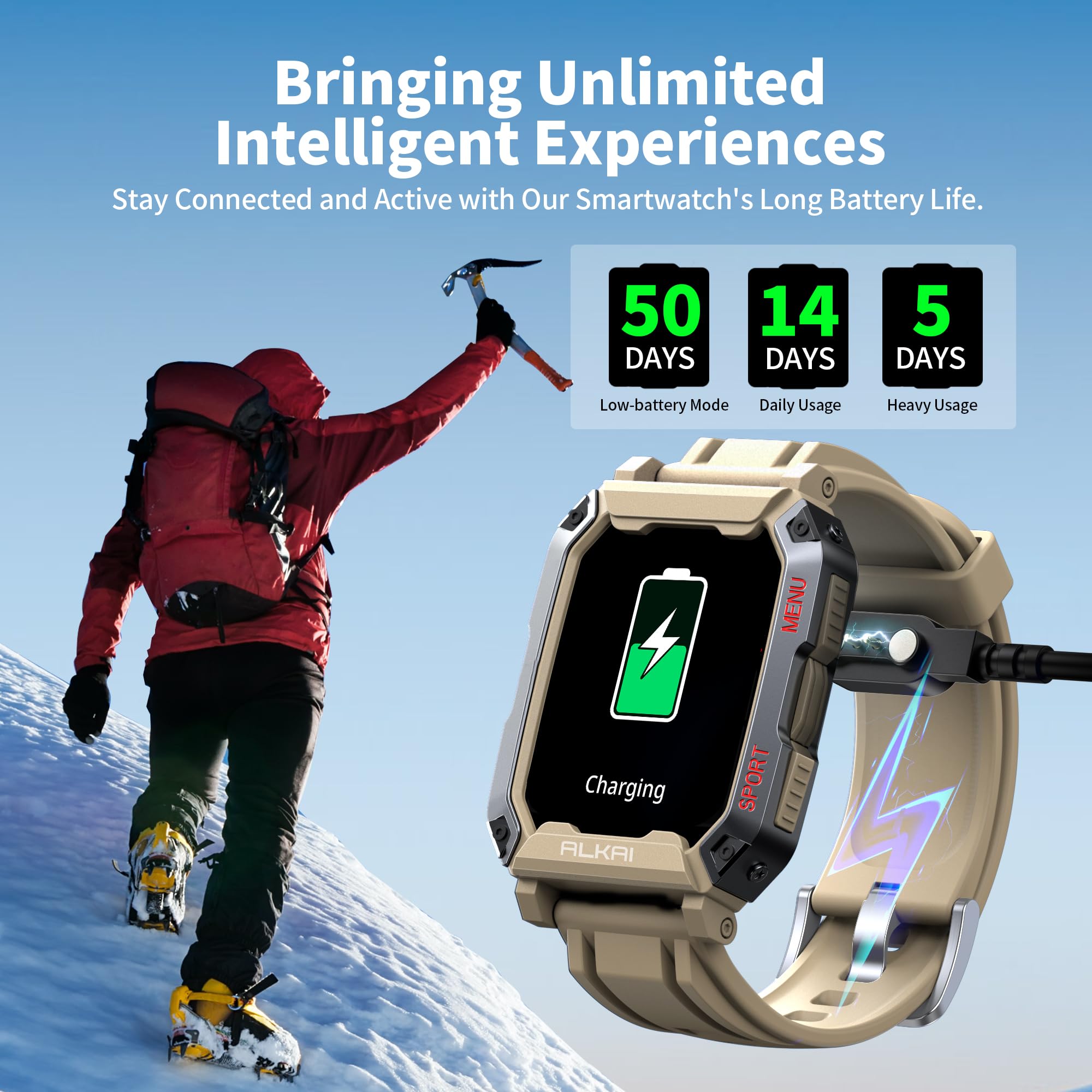 Alkai Smart Watch Rugged And Military With 5Atm Waterproof Bluetooth Call(Answer/Dial Calls) Ai Assistant, Long Lasting Battery