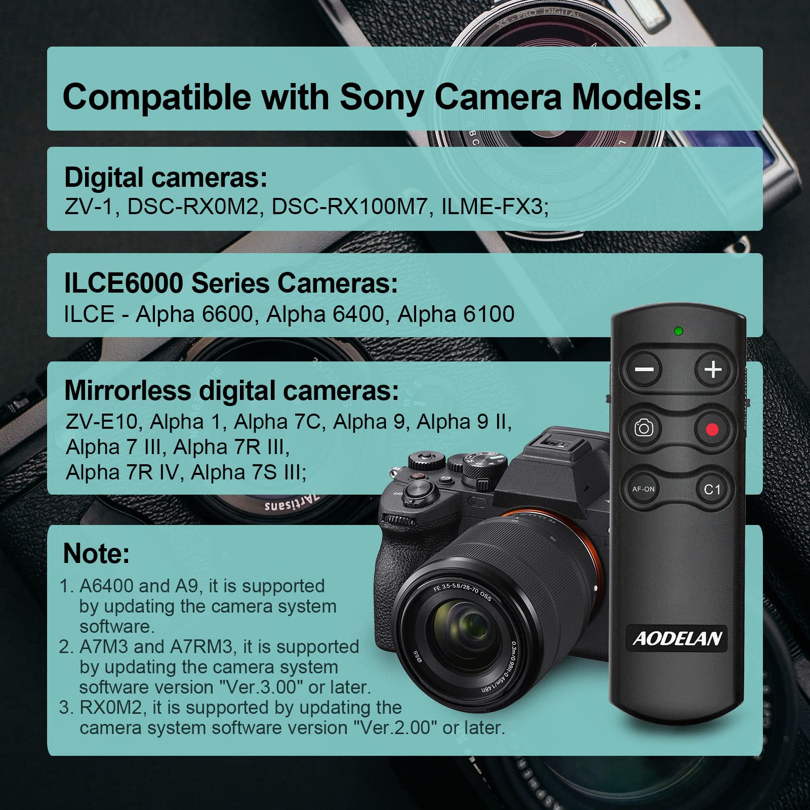 Aodelan Camera Remote Wireless Shutter Release Take Photos And Videos For Sony A7 Iii, A7R Iii, A7R Iv, A7C, A6100, A6400, Rx100