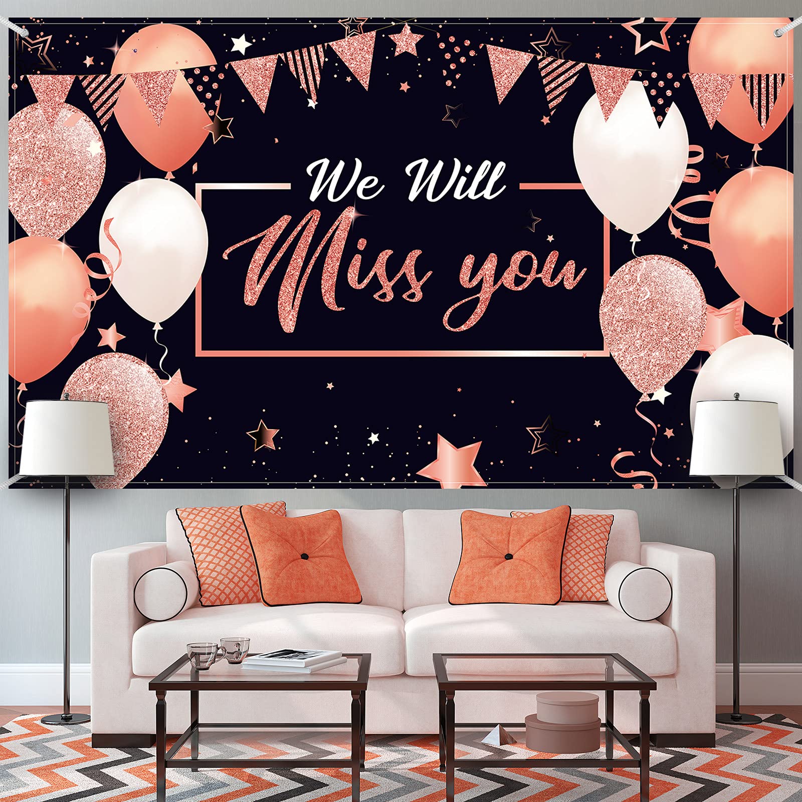We Will Miss You Party Decorations, Extra Large Going Away Party Backdrop Miss You Photography Background Banner For Farewell Anniversary Retirement Graduation Party, 72.8 X 43.3 Inch (Rose Gold)