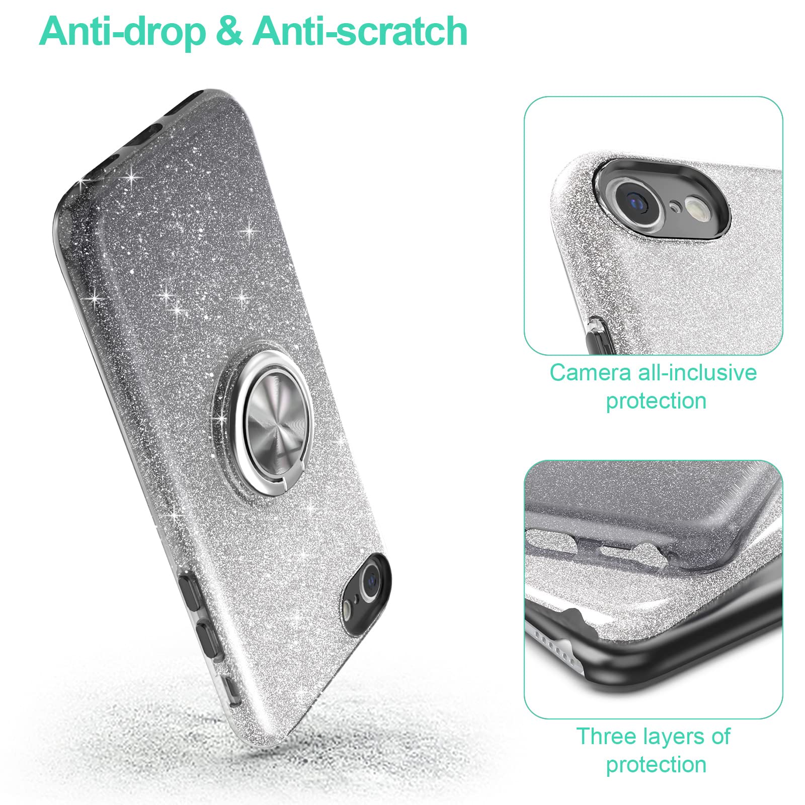 PeeTep iPhone SE 3 2022 / SE 2020 / 8 / 7 Glitter Phone Case with 360° Ring Holder Black TPU