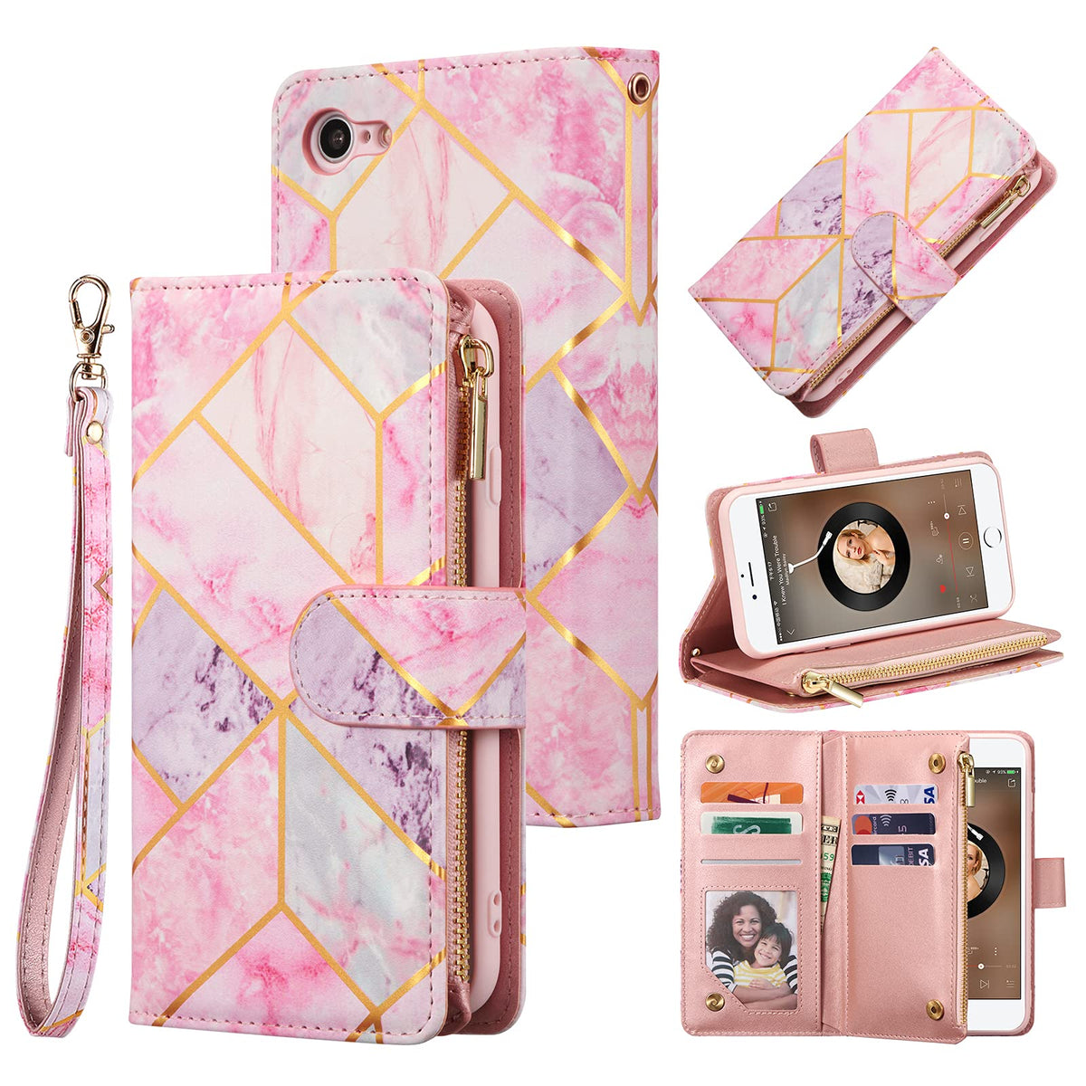 Ueebai Wallet Case For Iphone Se 2022 5G/Iphone 7/Iphone 8/Iphone Se 2020, Pu Leather Magnetic Closure Handbag Zipper Pocket Cas