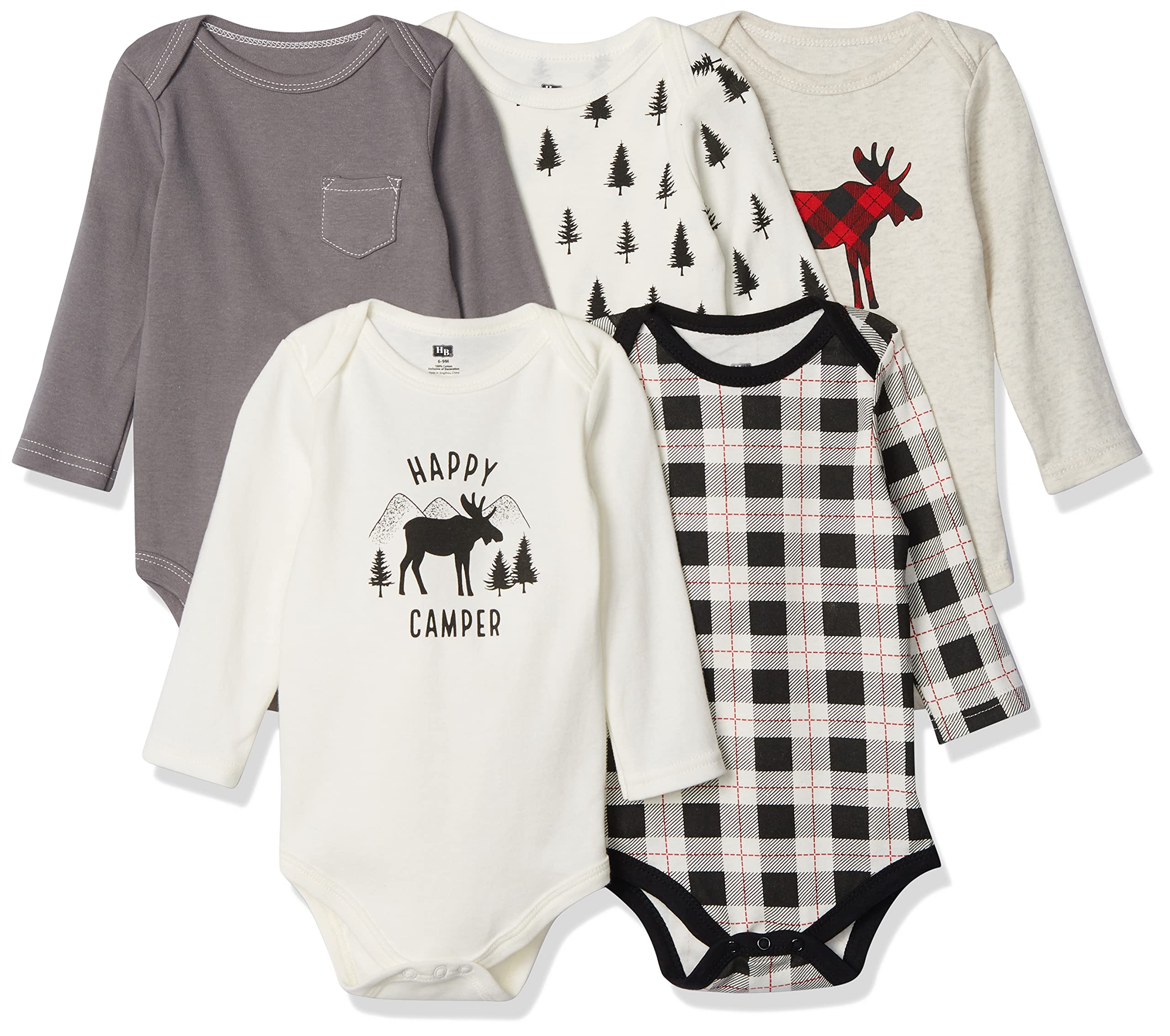 Hudson Baby Unisex Baby Cotton Long Sleeve Bodysuits Moose 5 Pack, 18 24 Months