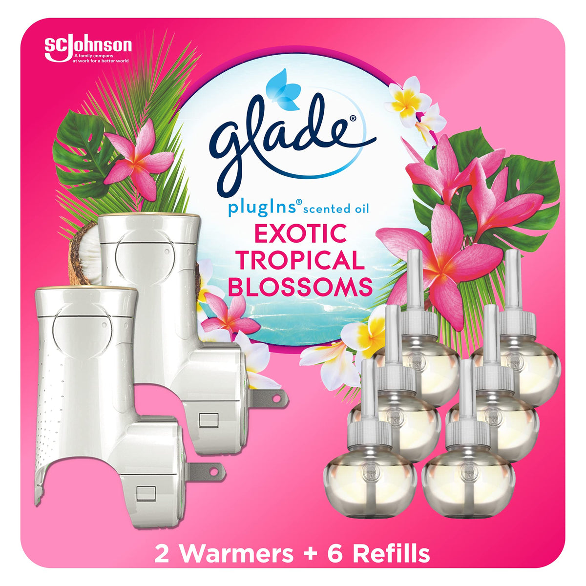 Glade Plugins Refills Air Freshener Starter Kit, Scented And Essential Oils For Home And Bathroom, Tropical Blossoms, 4.02 Fl Oz