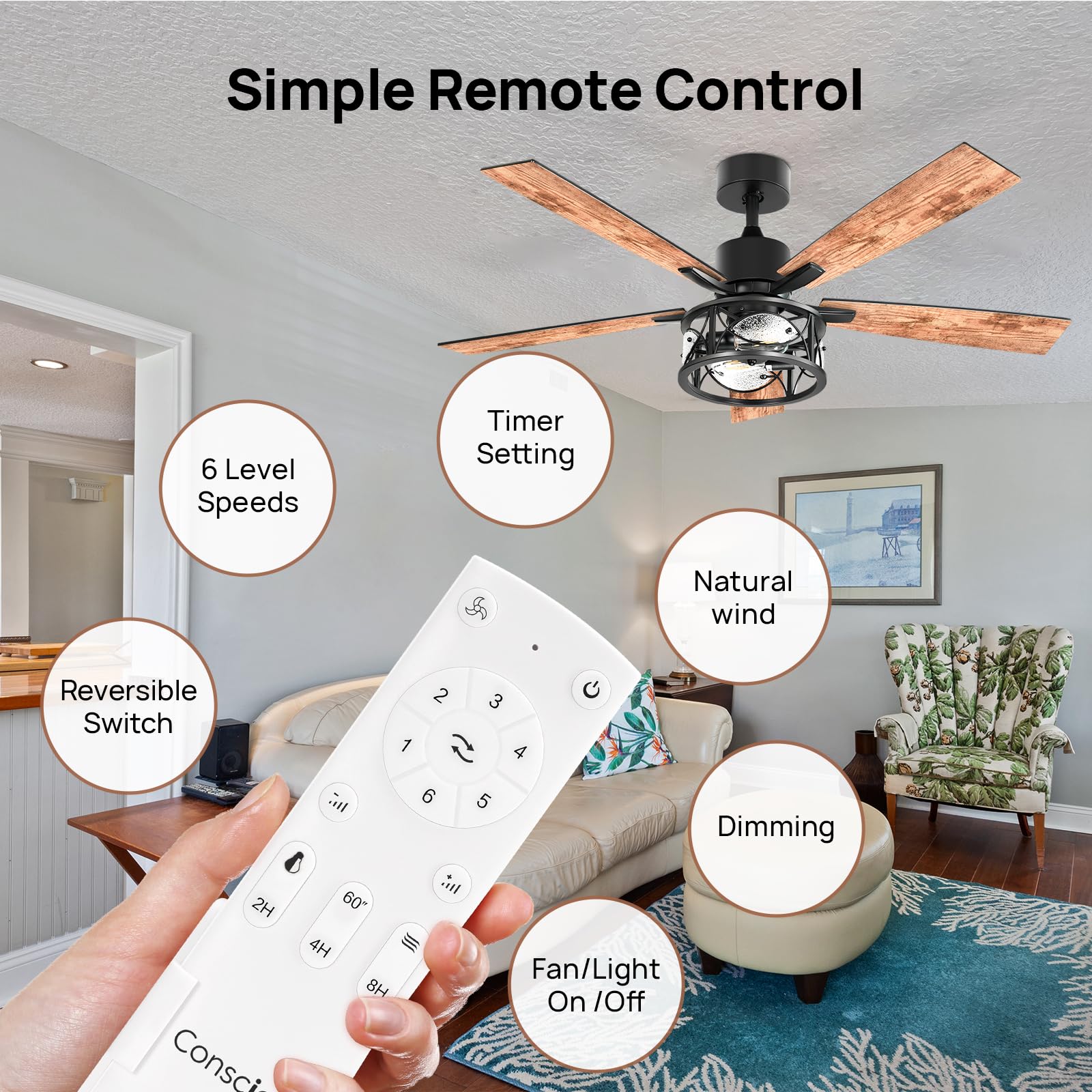 Consciot Ceiling Fan With Lights, 52'' Farmhouse Indoor Ceiling Fan With Remote, Quiet Reversible Dc Motor, 5 Double Finish Wood