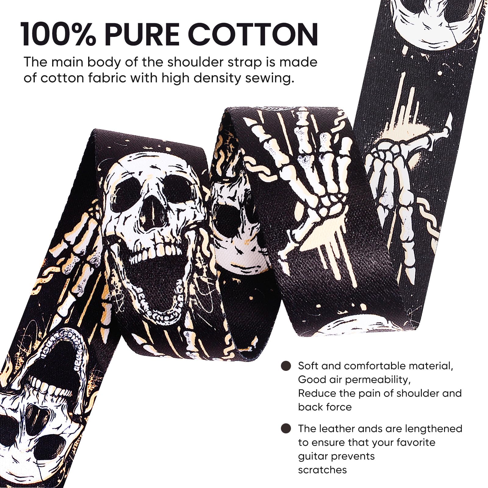 Aarvi Guitar Strap Set For Bass/Electric/Acoustic Guitars - 41-67 Cotton With Leather Ends, 2 Strap Locks + 4 Picks Included, Du